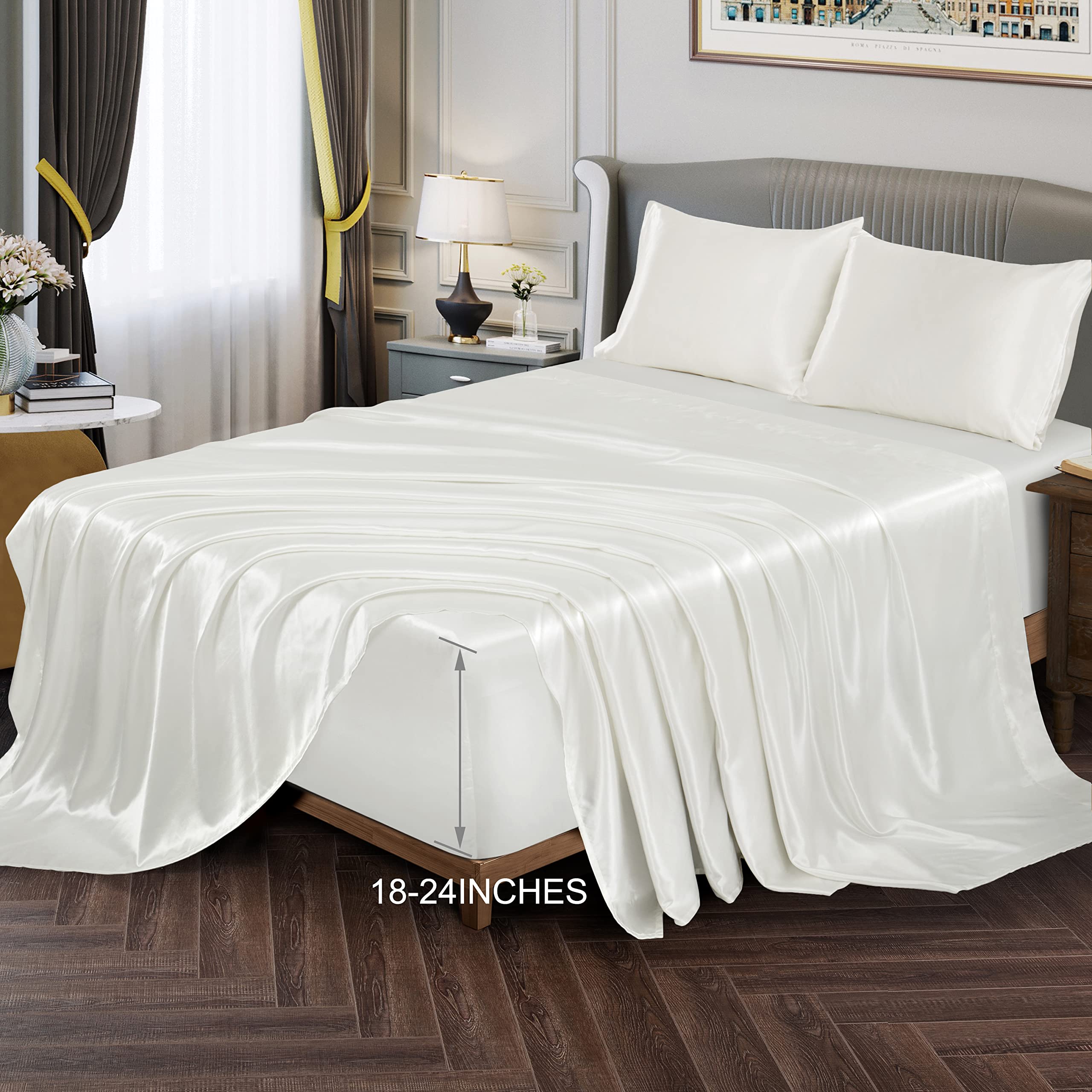 Vonty Extra Deep Pocket Full Sheet Sets - Cooling & Silky Satin Full Size Sheets with 18-24 Inch Deep Pocket, Black Satin Bed Sheets Fit Up to 24" Deep Mattress - 4 Piece Set