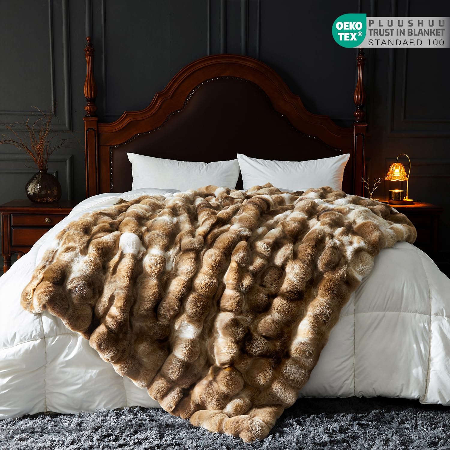 Faux Fur Throw Blanket for Couch, Fluffy Fuzzy Plush Bubble Blanket, Soft Warm Cozy Shaggy Rabbit Blanket, Luxury Decorative Gifts for Sofa Bedroom Living Room, 60x50inch (Beige)