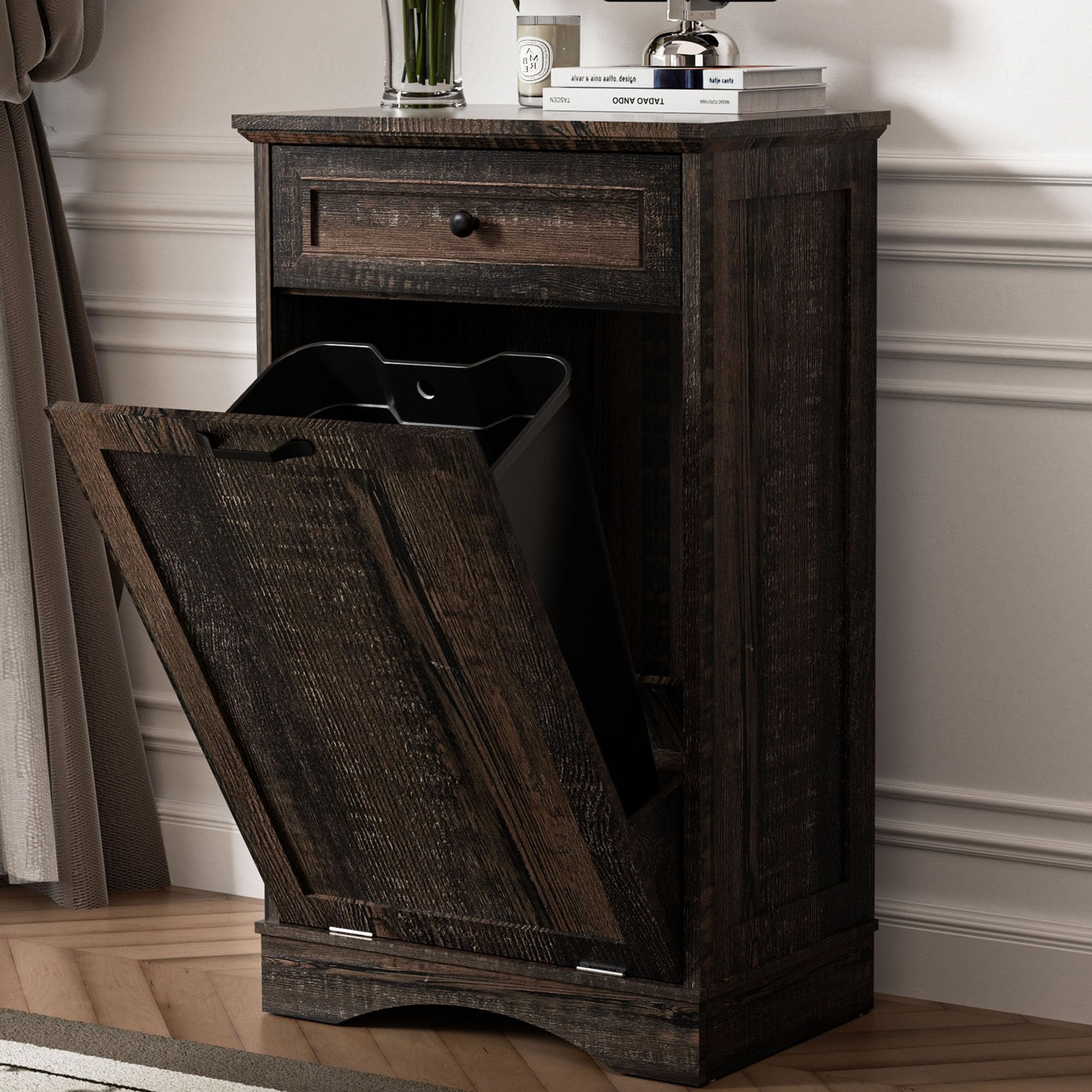 AHB Double Tilt Out Trash Can Cabinet Freestanding Kitchen Trash Can, 2x13 Gallons Hidden Garbage Recycling Cabinet with Hideaway Drawers Pet Proof Trash Can Holder for Kitchen, Antique White