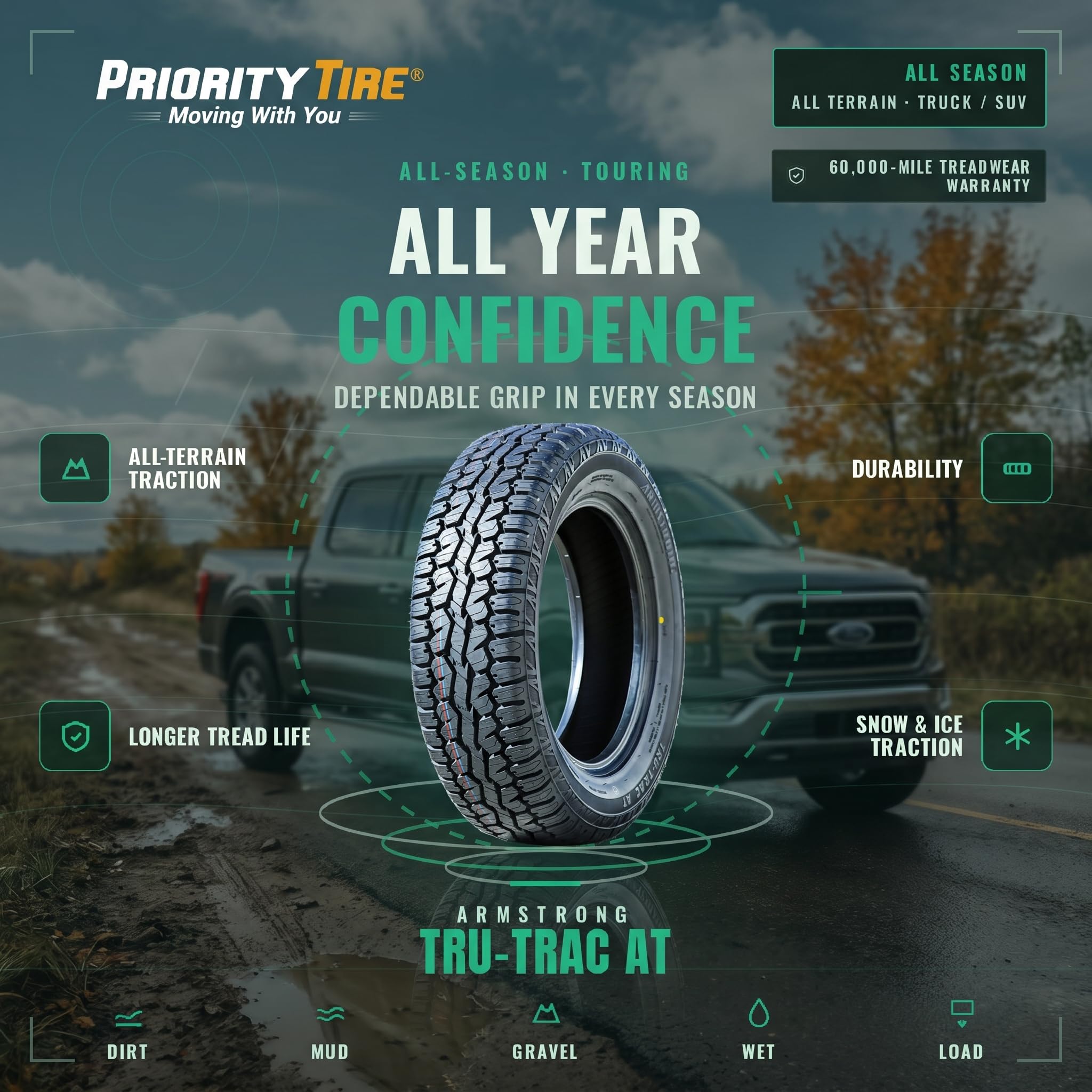 Armstrong Tru-Trac AT A/T All-Terrain Off-Road Light Truck Radial Tire-31X10.50R15LT 31X10.50X15 31X10.50-15 109s Load Range C LRC 6-Ply BSW Black Side Wall