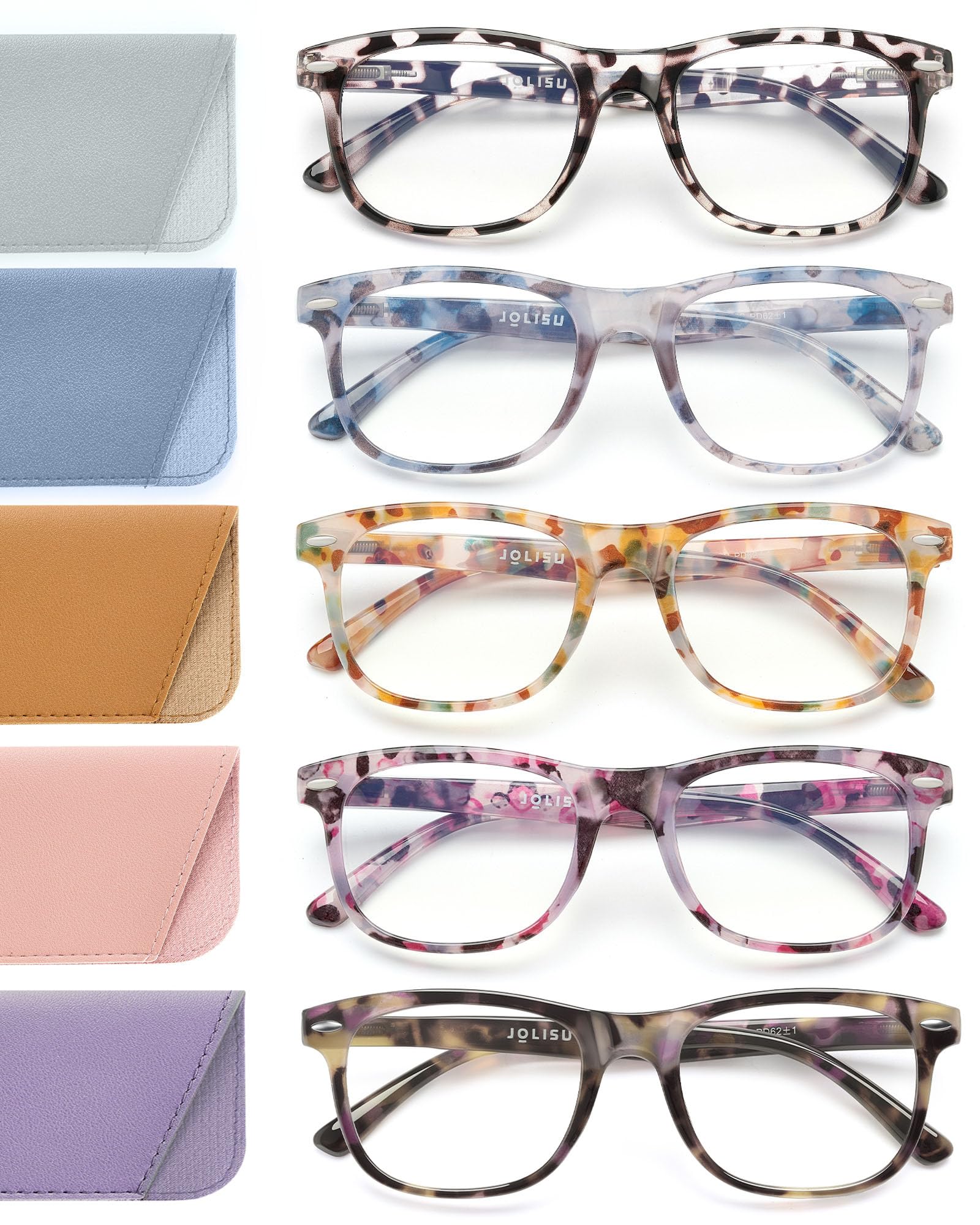 JOLISU Reading Glasses For Women - 5 Pack Stylish Readers For Womens Men Spring Hinge Eyeglasses -Blue Light Blocking Protection Frame (0.50)