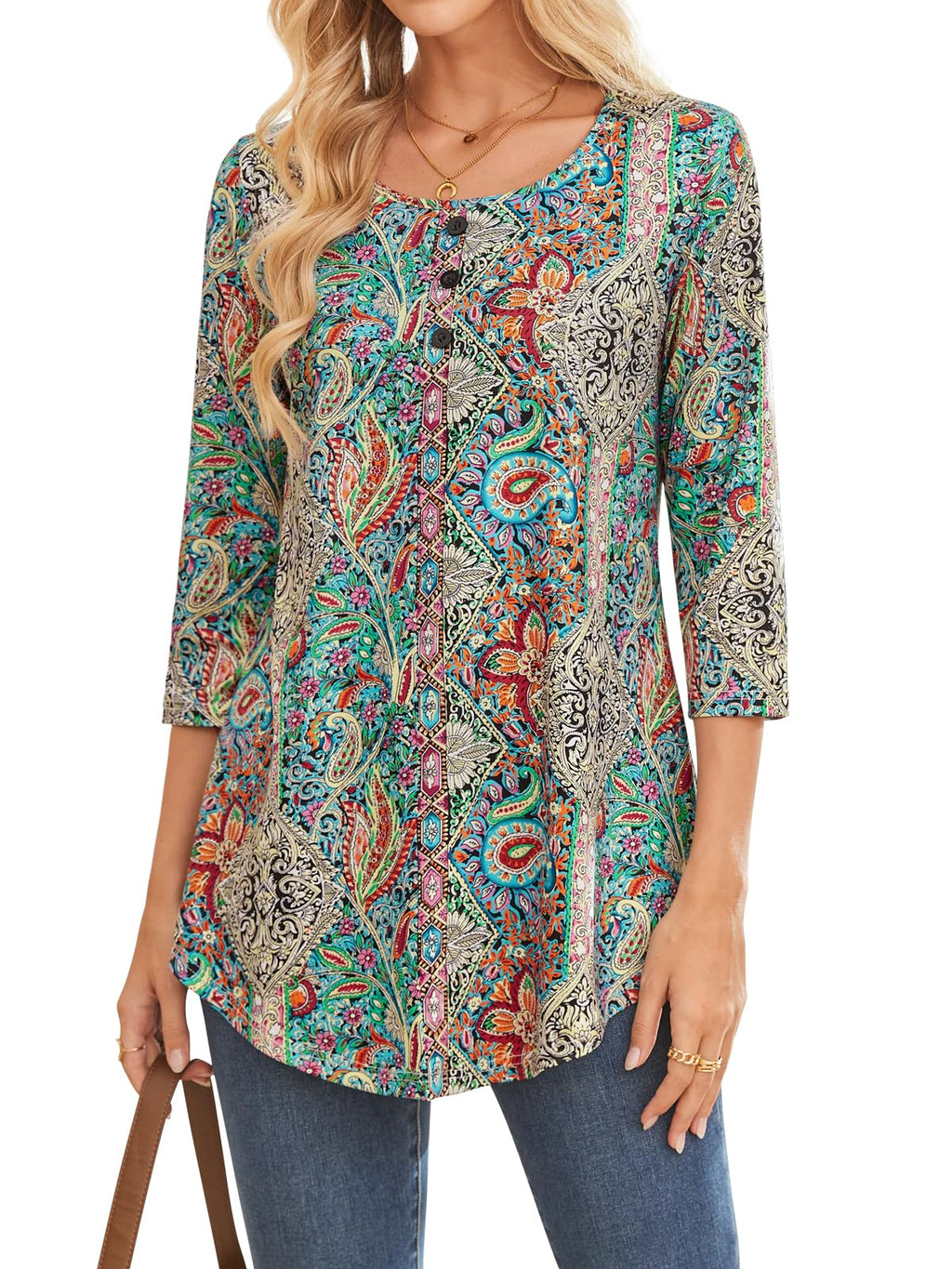 BAISHENGGT Womens Tops 3/4 Sleeve Round Neck Casual Tunic Tops Fall Fashion 2025 Dressy Casual Blouses