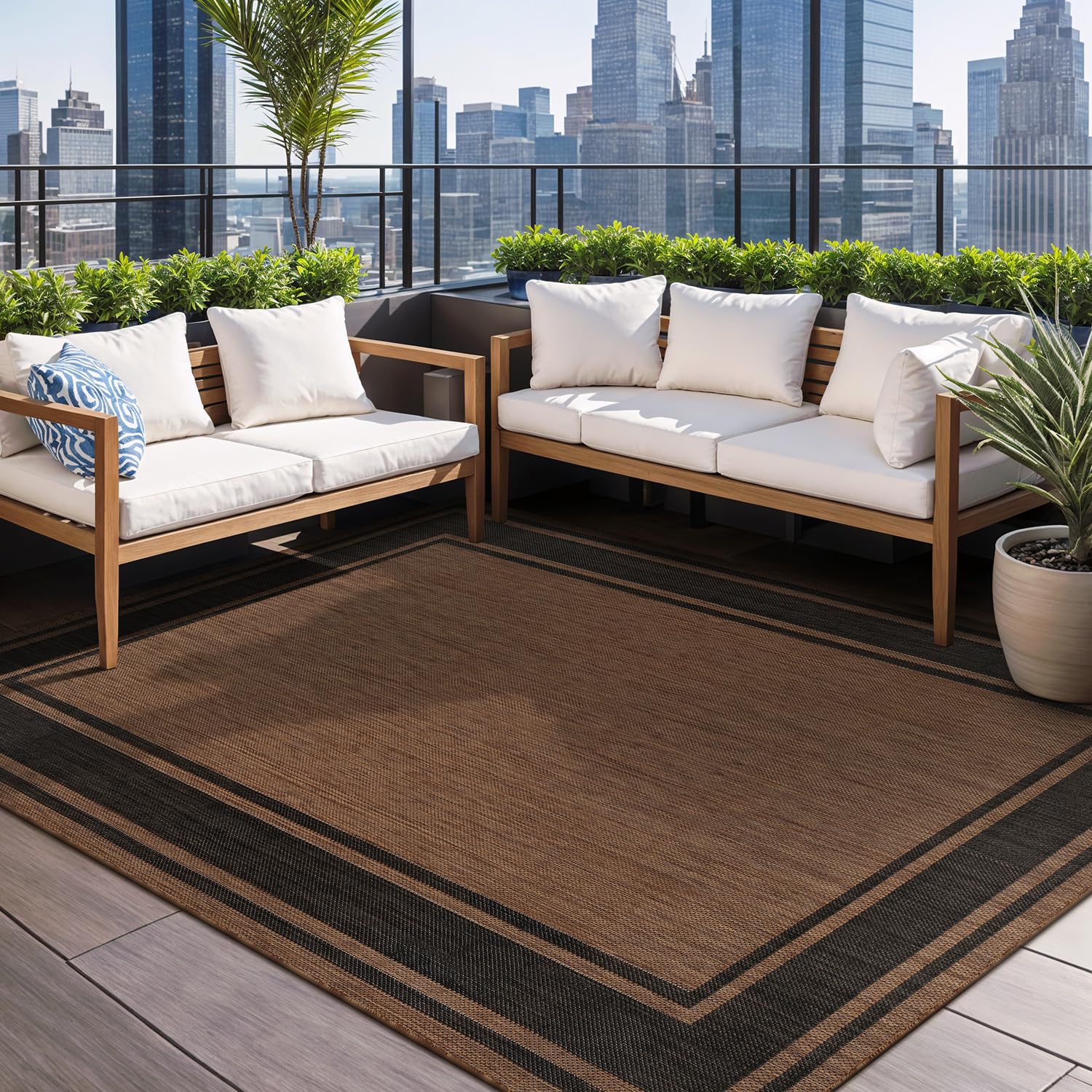 Beverly Rug Outdoor Rug 5x7 Modern Bordered Area Rugs for Indoor and Outdoor Patio Deck Porch Garden Waterproof Weather Sun Resistant Washable Outside Carpet (5 x 7 Beige)