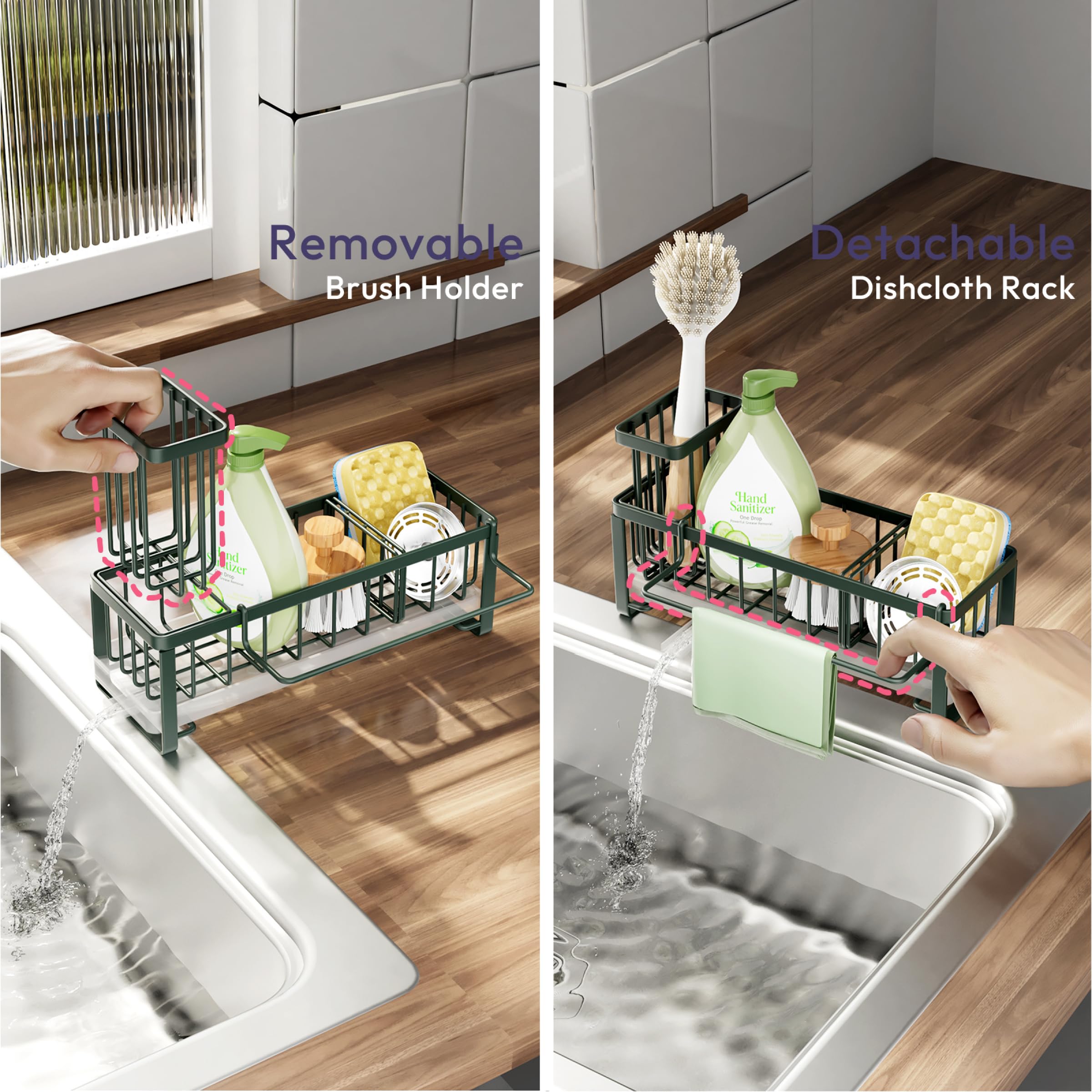 SWTYMIKI Sponge Holder for Kitchen Sink - Sink Caddy with Brush Holder Self-draining Sponge Caddy Organizer with Divider Stainless Steel Kitchen Accessories Storage for Countertop, Black