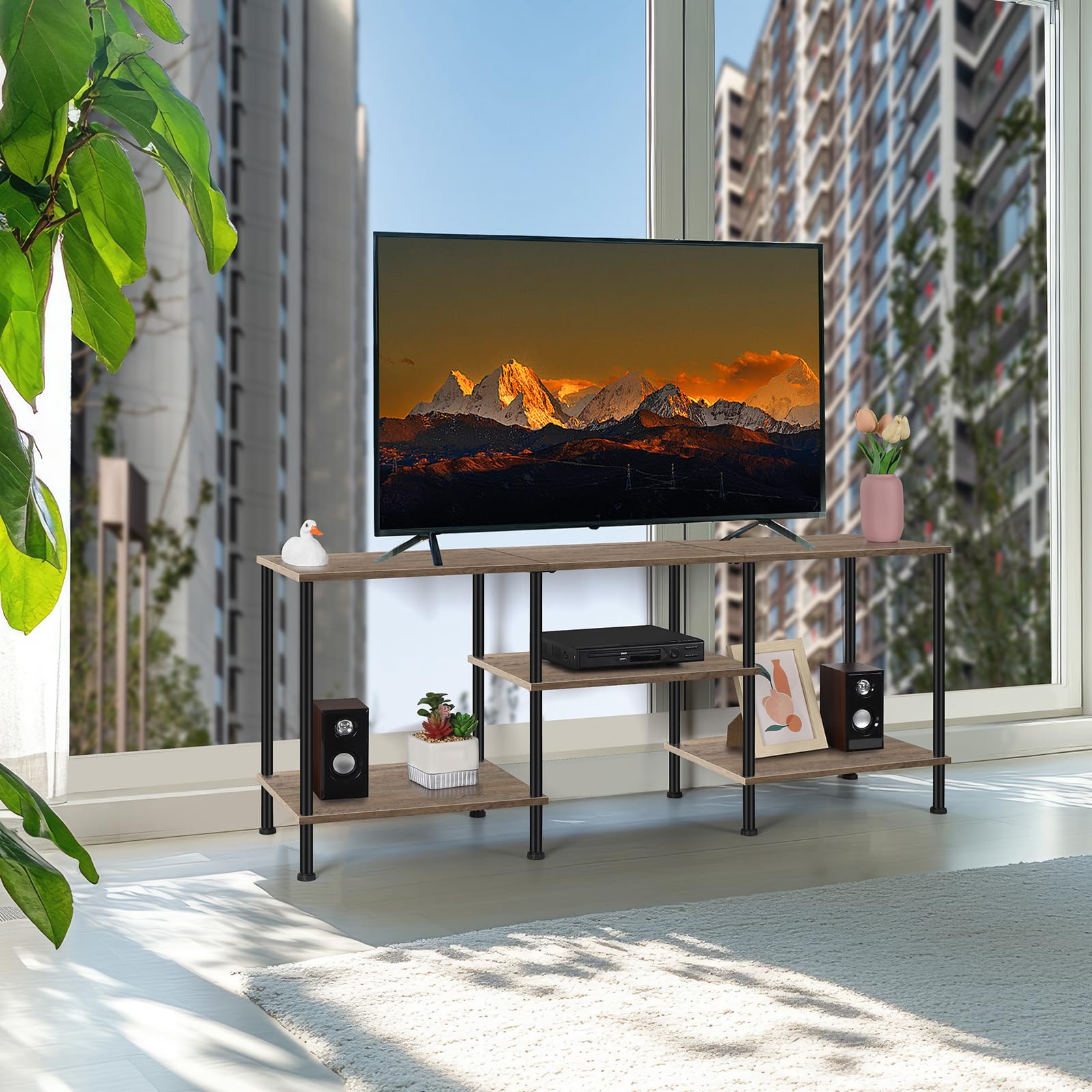 OYEAL Black Bedroom TV Stand with Power Outlets up to 50 inch TV, Small Entertainment Center Stand with Storage Modern Media TV Console Table for Living Room Bedroom