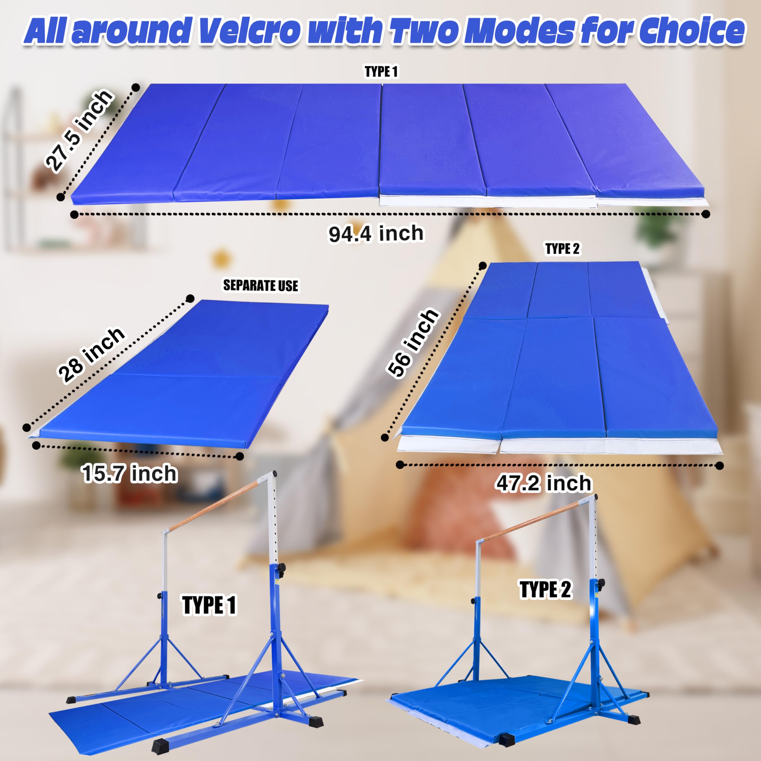 FC FUNCHEER Gymnastics Bar for Kids Ages 3-15, 35" to 60" Adjustable Height, 4FT Wide Base - Professional Kip Bar with 360° Stability & Fiberglass Crossbar, Easy Fold&Solid Design for Home Training