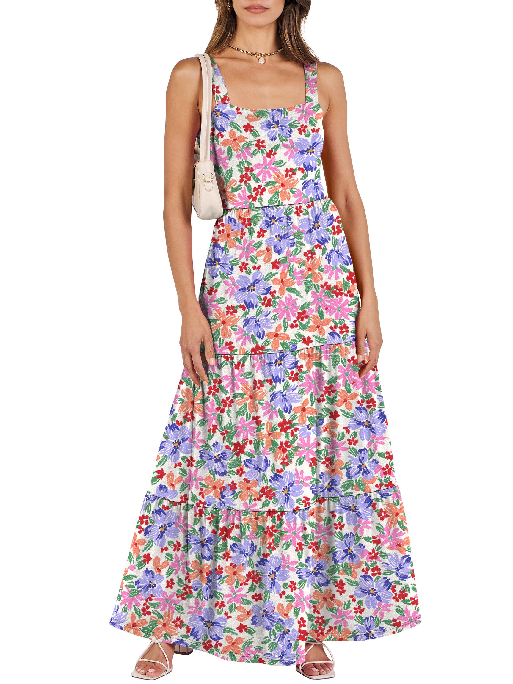 ANRABESS Women's Summer Casual Long Maxi Beach Vacation Dresses Sleeveless Square Neck Flowy Tiered Sun Dress with Pockets