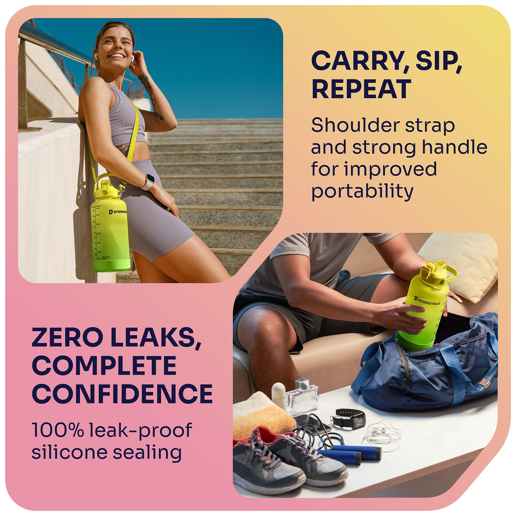 1/2 Gallon Water Bottle with 74.3 oz Capacity - Motivational Time Markers for Daily Hydration Goals - Leakproof BPA Free Tritan with Removable Straw