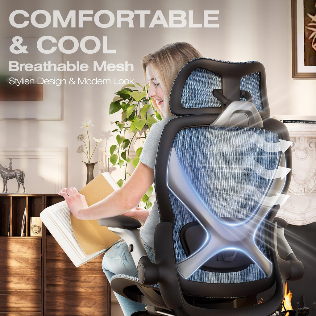 ELABEST X100 Ergonomic Office Chair with Footrest, Big and Tall Home Desk Chair with 5D Flip-Up Arms, Adjustable 3D Lumbar Support,High Back Rolling Computer Chair, Swivel Mesh Chairs (Coffee Break)