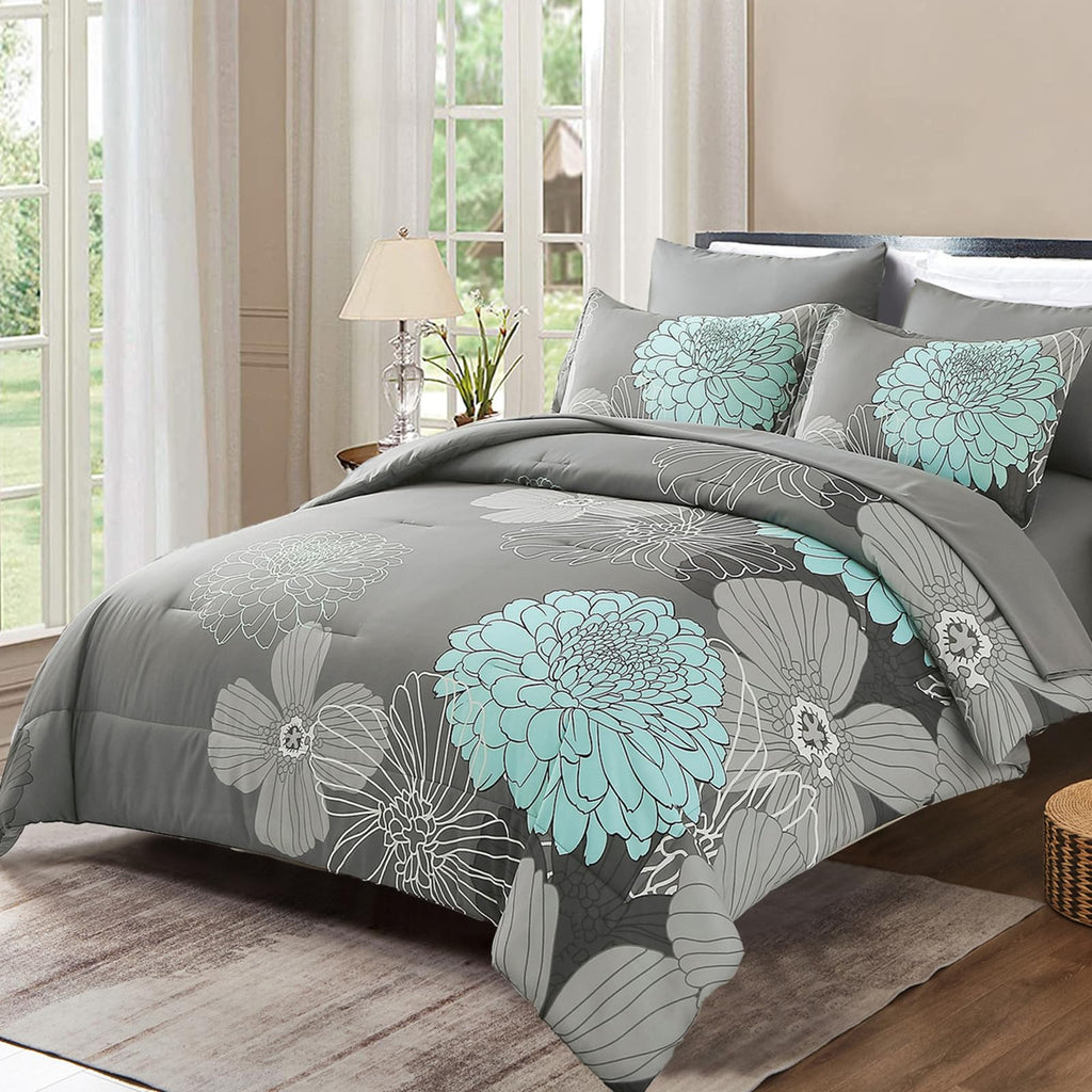 Yiran 7 Pieces Bed in a Bag Blue Floral Comforter Set Queen Size Flowers Comforter Set Soft Microfiber Bedding Set (1 Comforter 1 Flat Sheet 1 Fitted Sheet 2 Pillowshams 2 Pillowcases)
