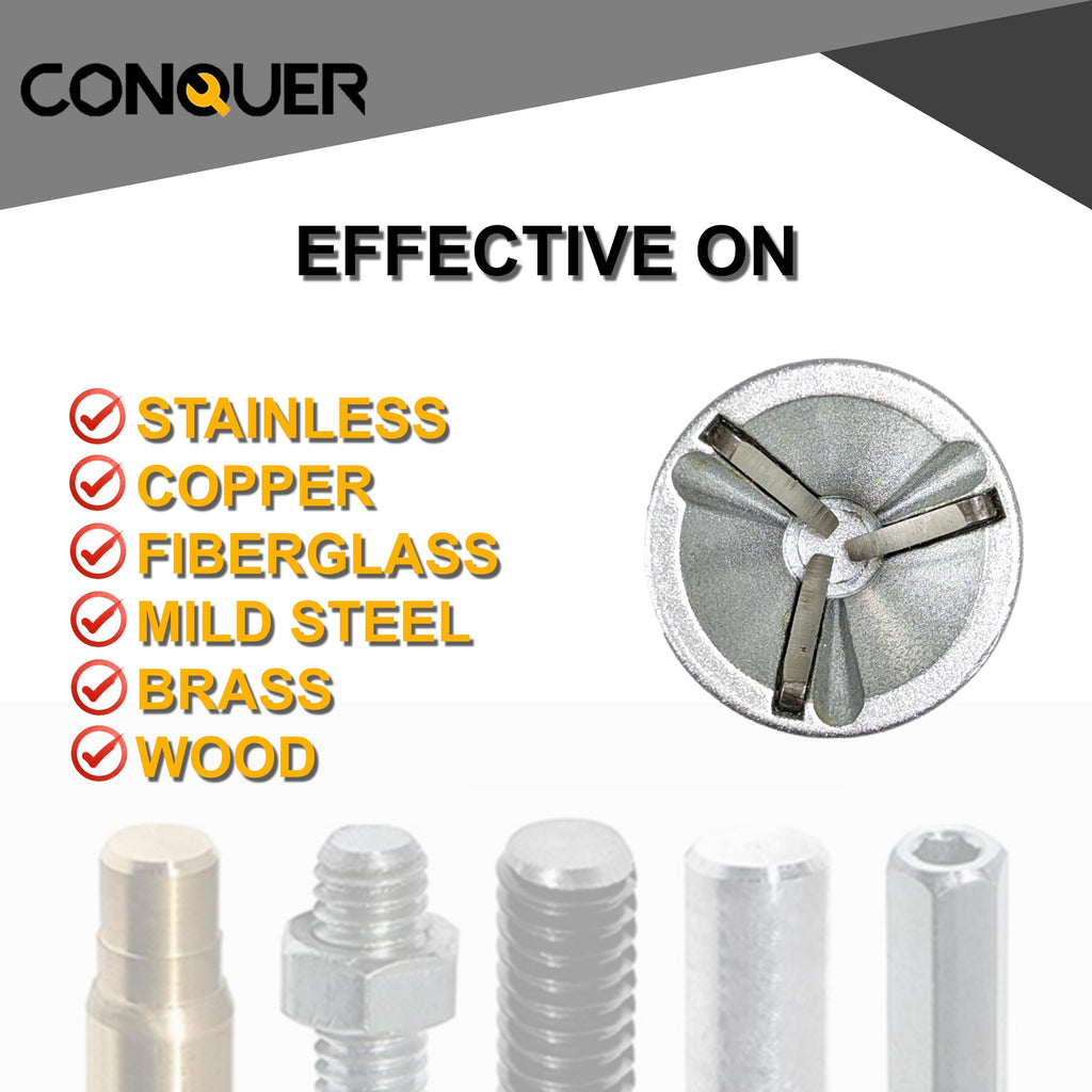 CONQUER Tools Deburring External Chamfer Tool, Premium Tungsten Blade, Deburring Drill Bit, Remove Burr Tools Quick Release Shank Fits for 1/2"-1 3/8"(13mm-35mm) Stainless Steel Burr Removal