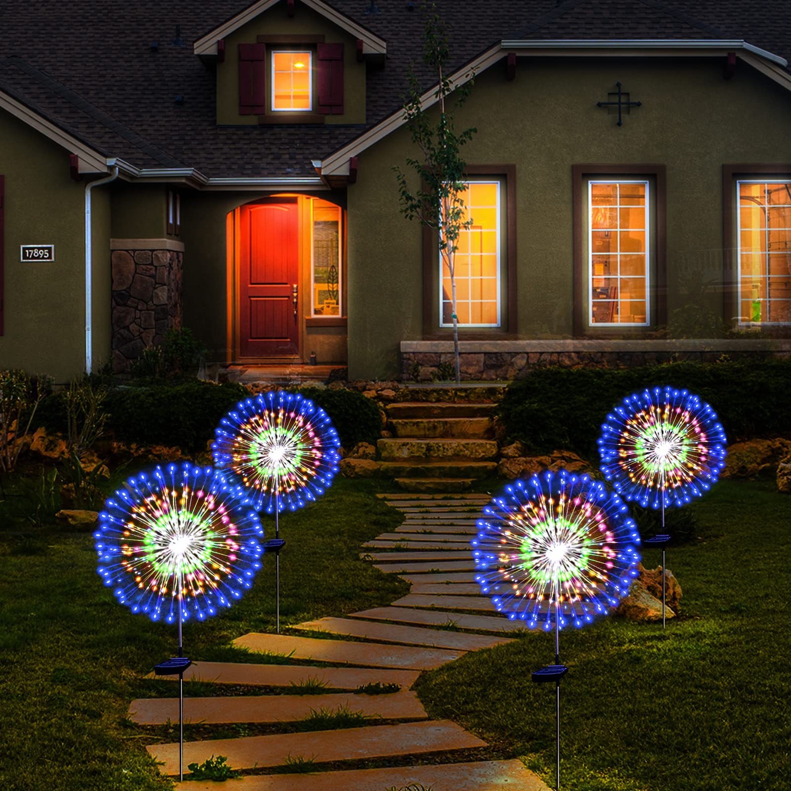 Solar Garden Firework Lights Outdoor Waterproof, 2 Pack Solar Powered Art Stake Twinkle Lighting for Outside Decor, 120 LED Sparklers String Lights for Yard Pathway Decorations(White)
