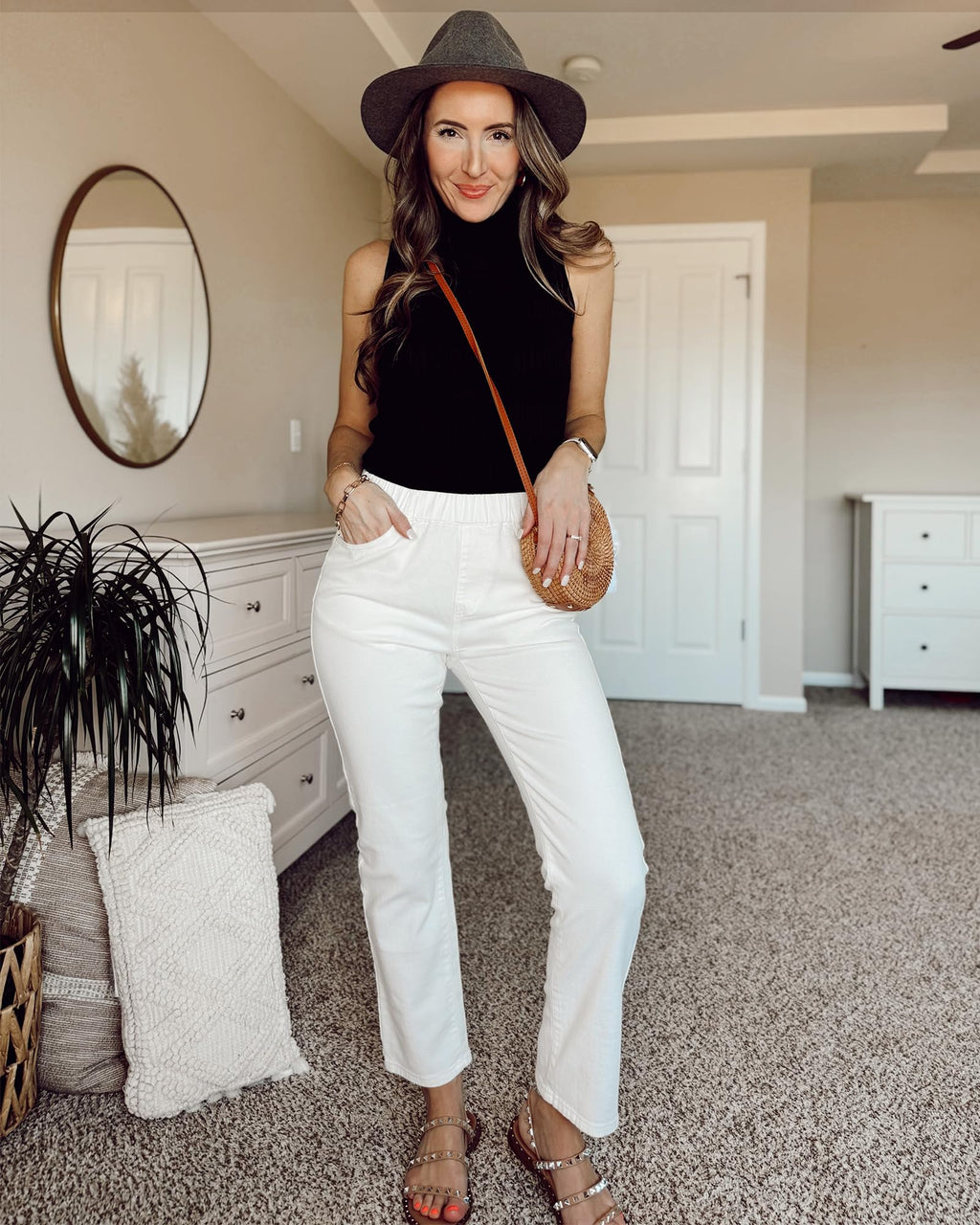 GRAPENT Straight Leg Jeans for Women Trendy Pull On High Waisted Cropped Elastic Waist Stretchy Denim Pants Ankle Jeans