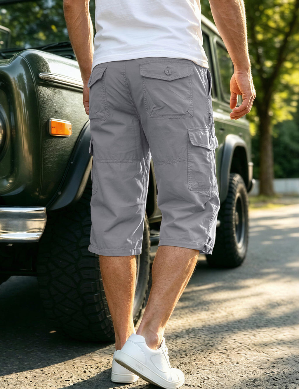 EKLENTSON Men's Cargo Shorts Casual Twill Elastic 3/4 Capri Pants Below Knee Long Shorts with 7 Pockets