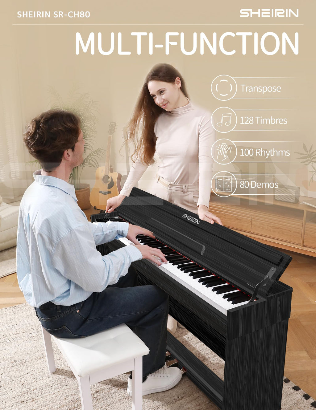Digital Piano Hammer Action Keyboard 88 Keys Upright Acoustic Electric Weighted Piano Beginner MIDI Cover Full Size Sustain Pedal Stand Real Professional SR-FH80 (Beige Full Cover)
