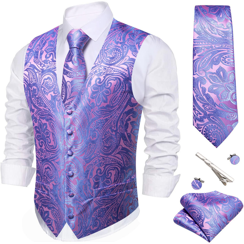 Barry.Wang Men's Suit Vest Formal/Leisure Paisley Jacquard Silk Tie Pocket Square Waistcoat Set Wedding 5PCS