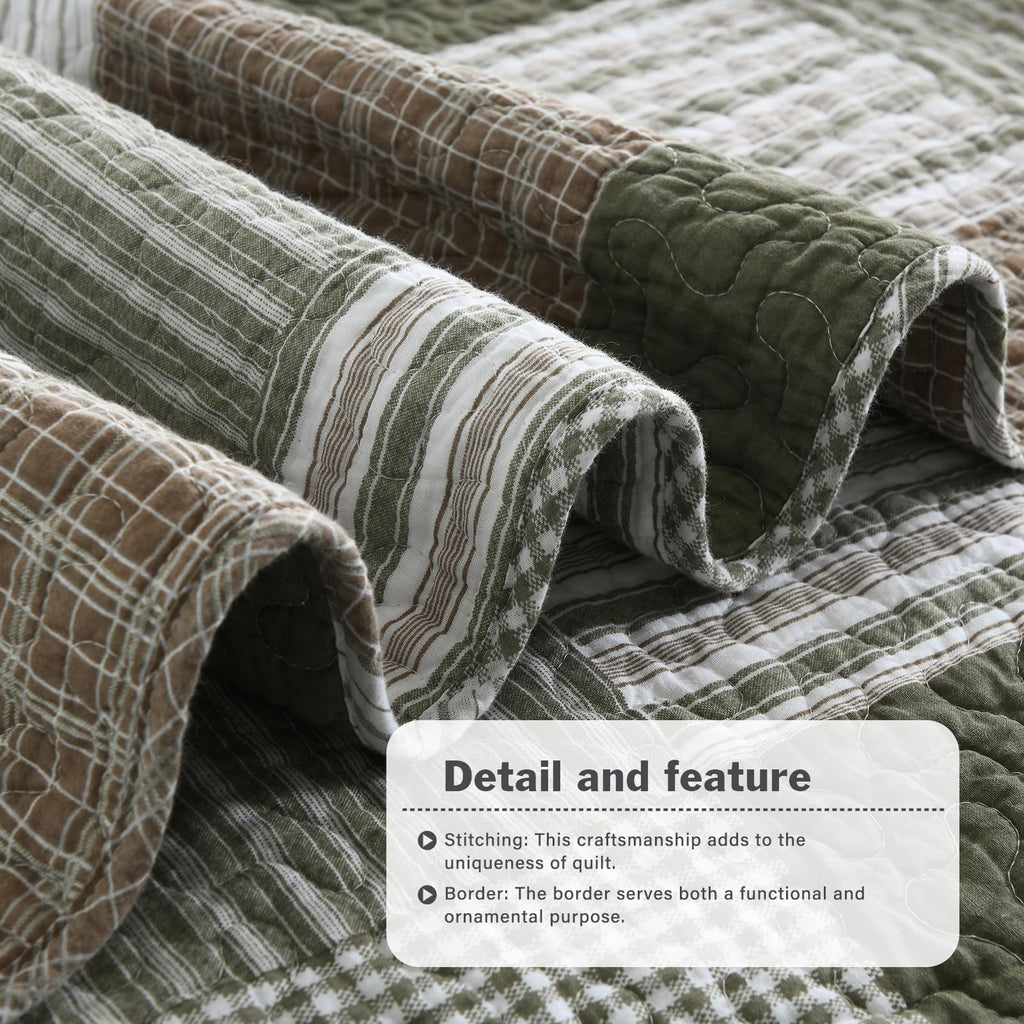Y-PLWOMEN 100% Cotton Farmhouse Plaid Lightweight 3-Pieces Quilt Set (Blue Brown, Queen90 * 98 Inch)
