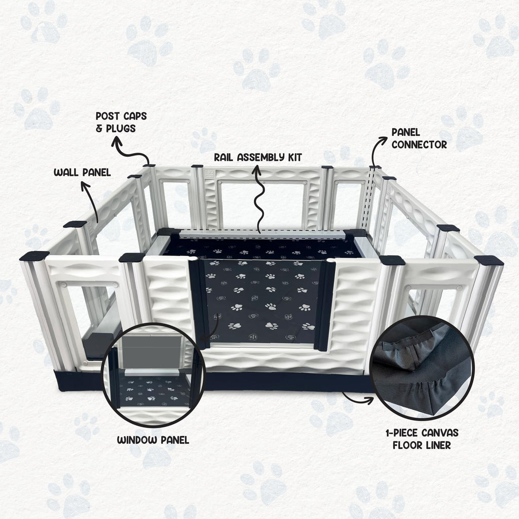 EZwhelp EZclassic Windowed 48"x48"x18" Whelping Box with Rails and Windowed Walls, Padded Dog Whelping Box, Black Pad