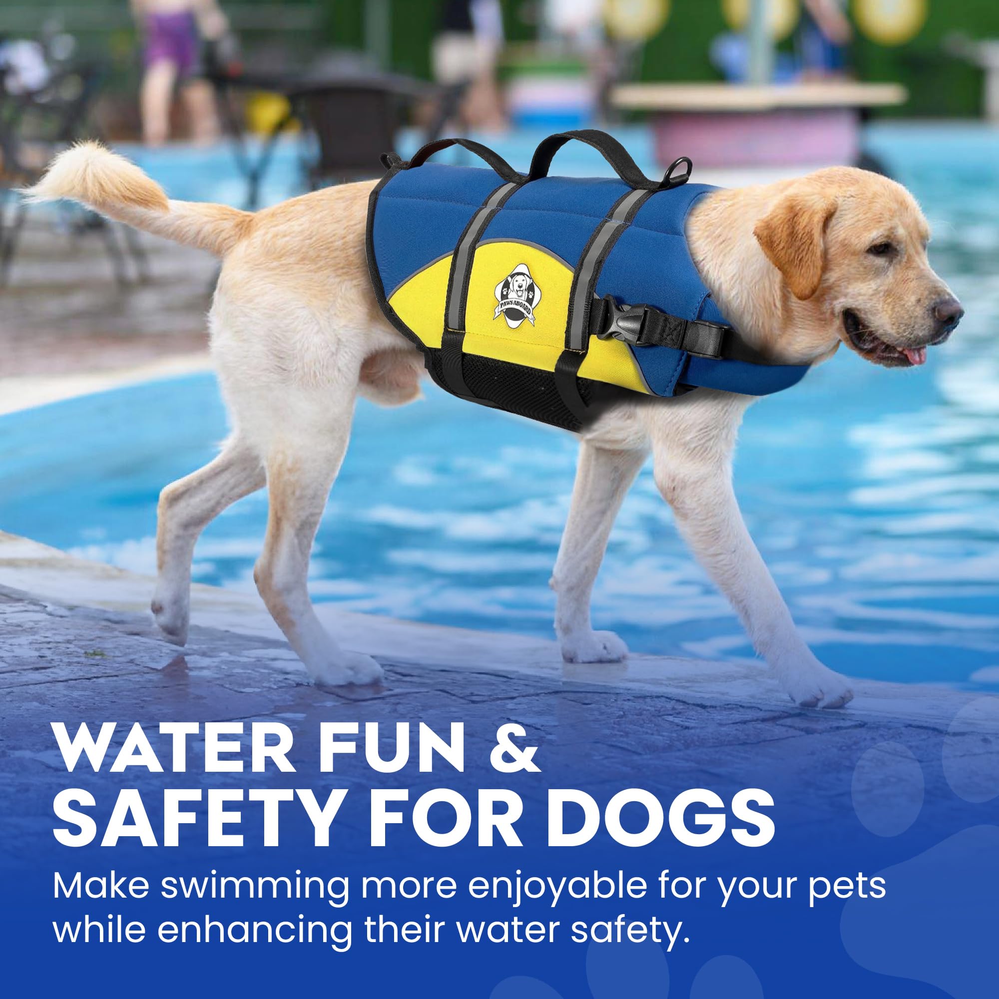 Dog Life Jacket — Premium Swim Vest with SafeChin Anti-Choke Collar | PAWS Aboard Blue & Yellow | RapidLift Rescue Handle, D-Ring, Reflective Trim | Boating, Kayaking, Pool | XX-Small (Under 6 lbs)