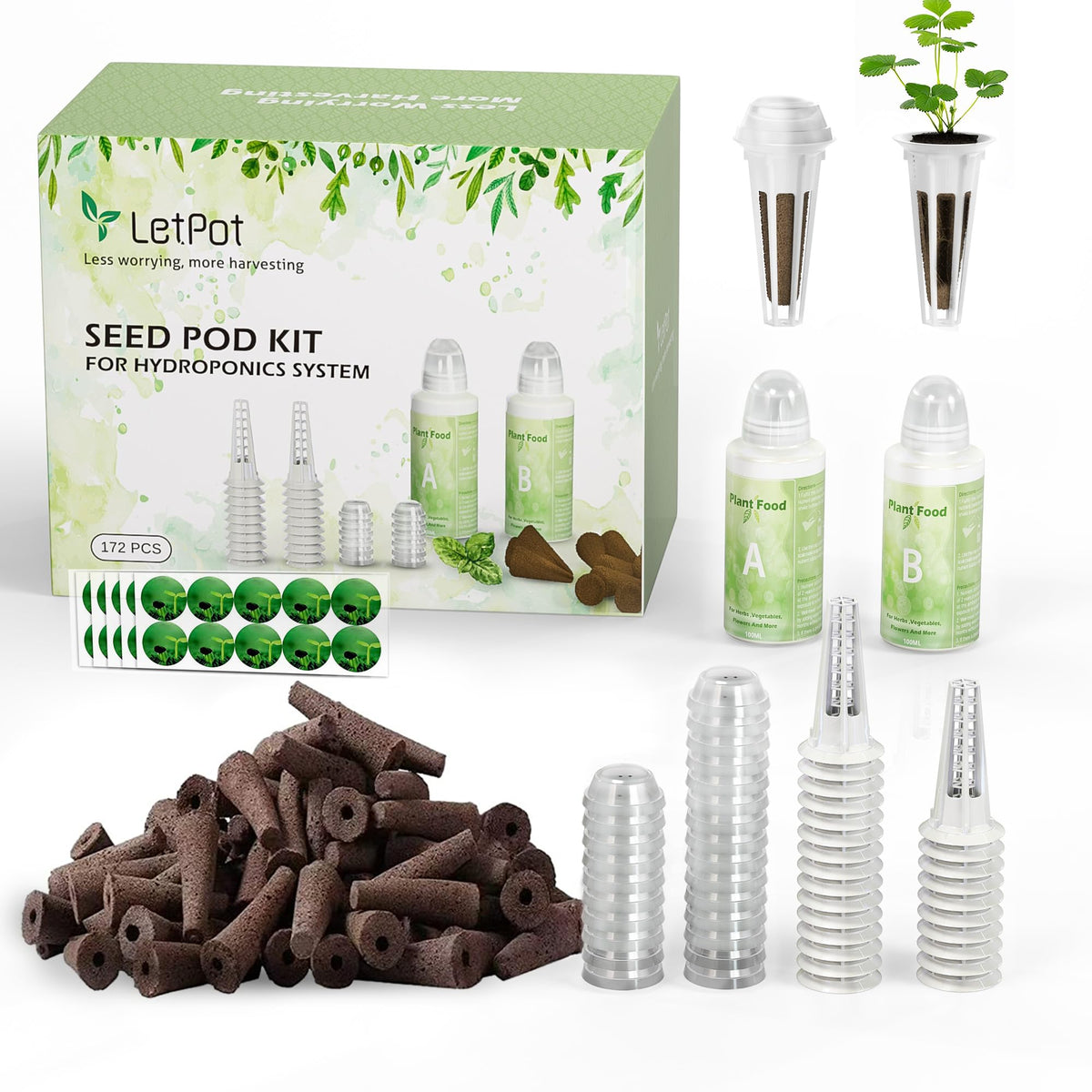 LETPOT 77 Pcs Seed Pod Kits, Square Grow Anything Kit for Hydroponics, with 2 A&B Nutrient Plant Foods and 30 Sponges, 5 Domes, 10 Baskets, 30 Stickers, Compatible Mini and Other Brand