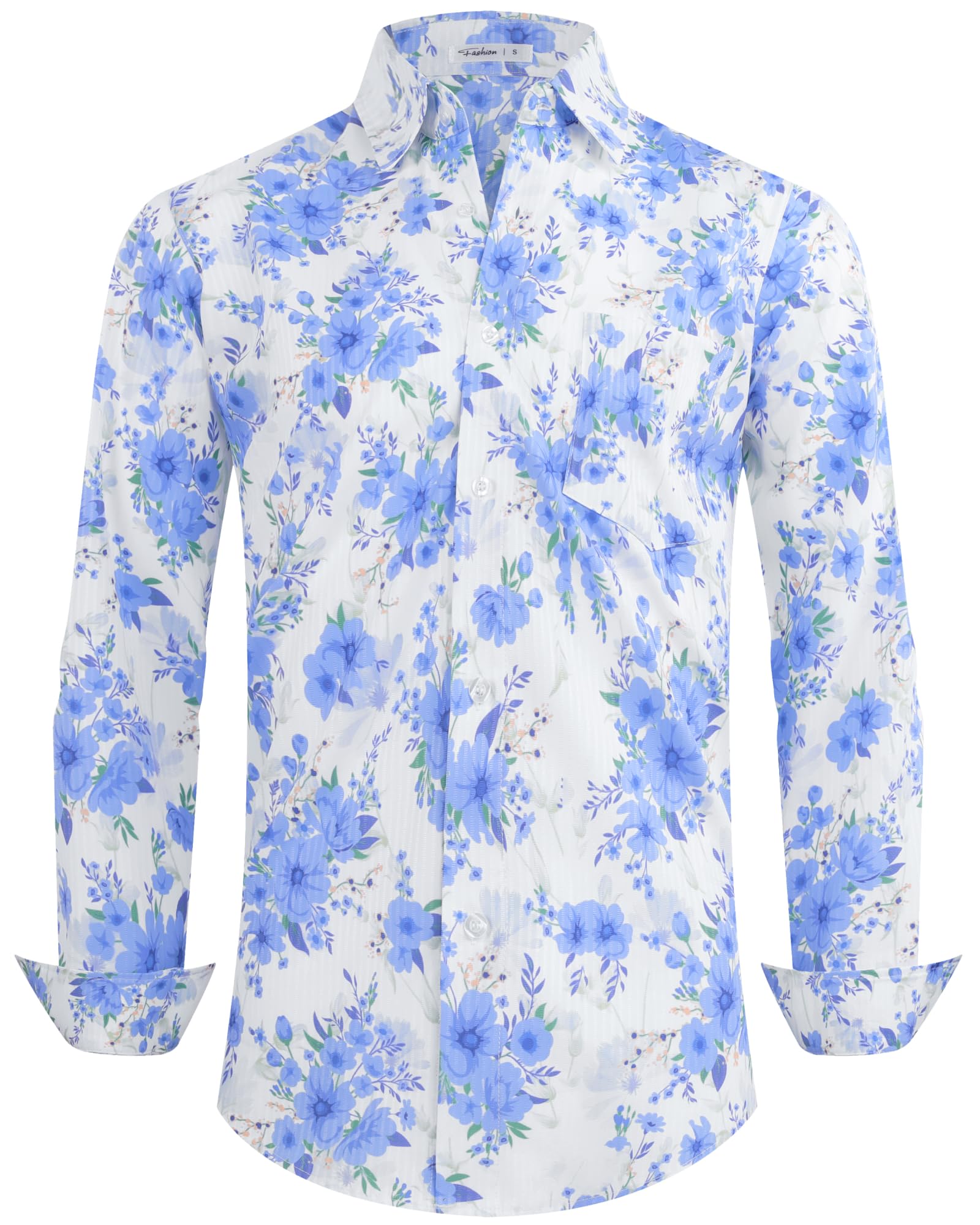 BOJIN Men's Dress Wrinkle-Free Floral Hawaiian Long Sleeve Flower Printed Casual Button Down Shirts with Pocket