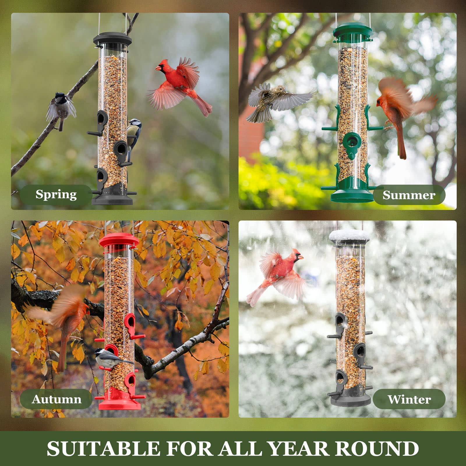 Kingsyard 2 Pack Tube Feeders with 6 Feeding Ports for Outdoors Hanging, Premium Hard Plastic Weatherproof & Steel Hanger, Attracting for Wild Birds (Black)