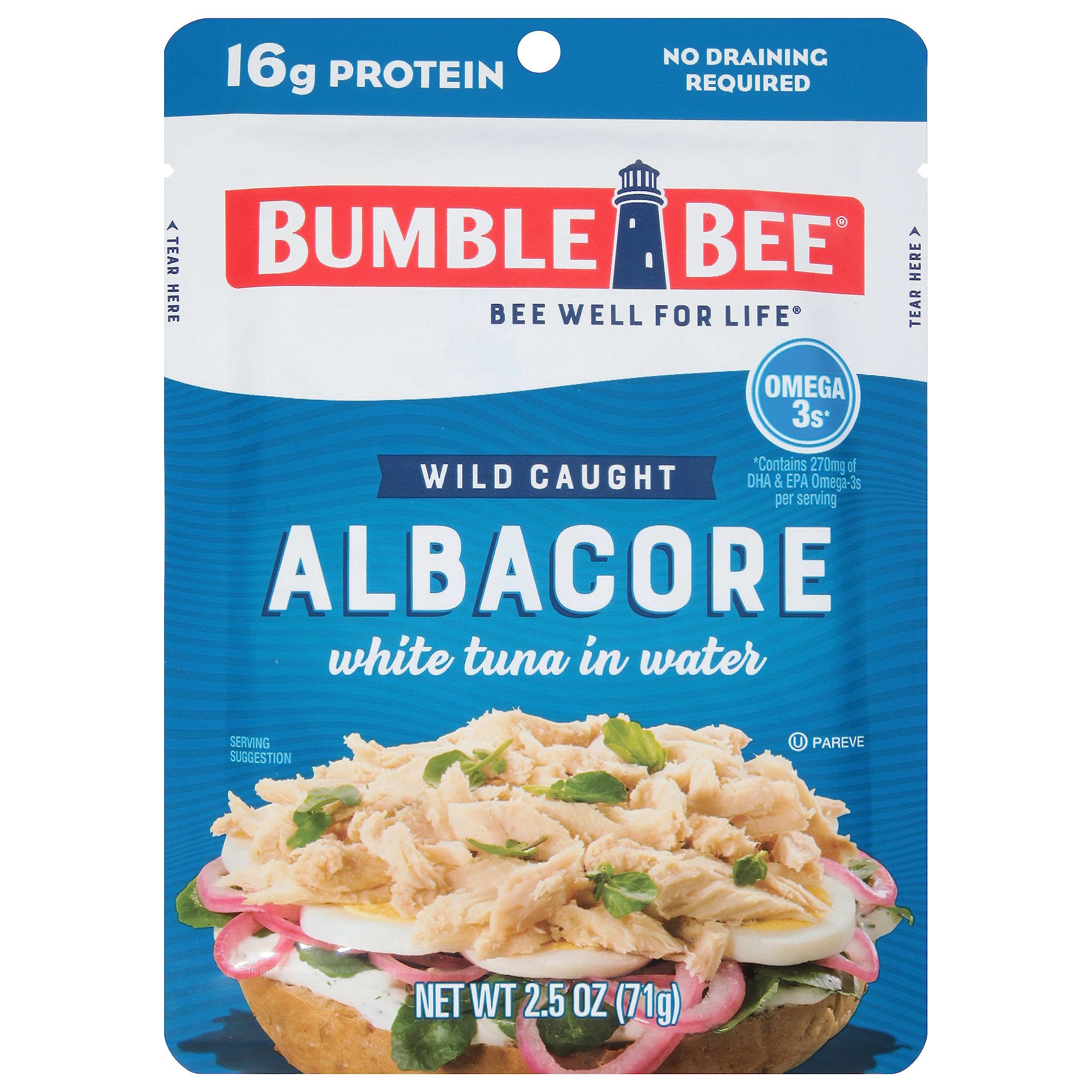 Bumble Bee Lemon & Garlic Seasoned White Albacore Tuna in Water, 2.5 oz Pouch - Wild Caught Tuna - 15g Protein per Serving, High in Omega-3s - Non-GMO, Gluten Free - No Draining Required
