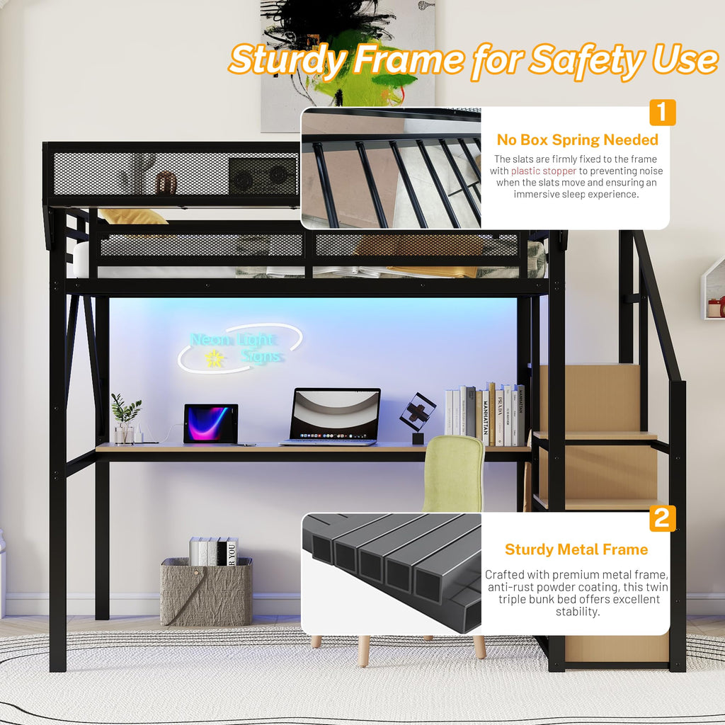 Mirightone Full Size Loft Bed with Stairs, Metal Loft Beds, High Loft Bed Frame with Storage Shelves, Lofted Full Bed with Wardrobe for Kids and Teens, No Box Spring Needed (Black)