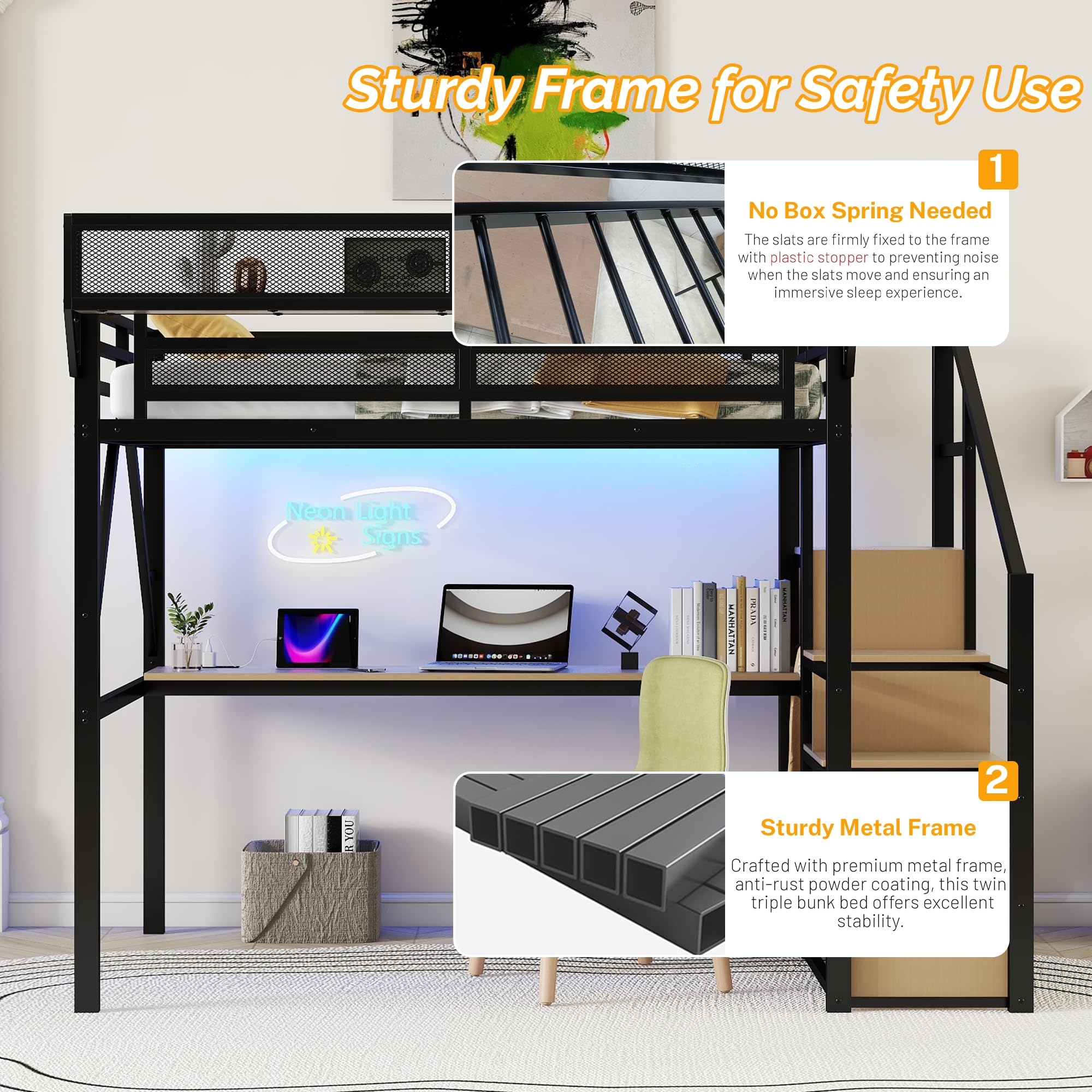 Mirightone Full Size Loft Bed with Stairs, Metal Loft Beds, High Loft Bed Frame with Storage Shelves, Lofted Full Bed with Wardrobe for Kids and Teens, No Box Spring Needed (Black)