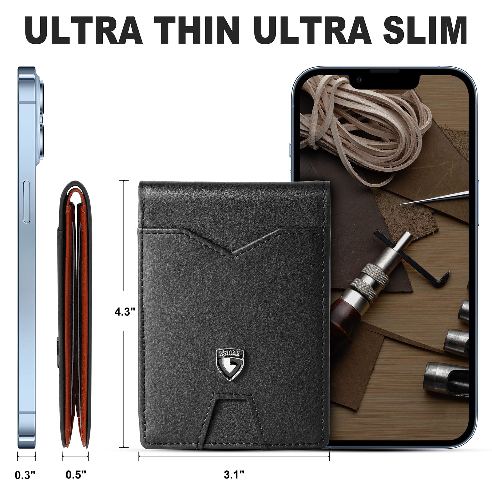 GSOIAX Slim Wallet for Men Rfid Blocking Leather Bifold Front Pocket Carbon Fiber Men's Money Clips Credit Card Holder With Gift Box