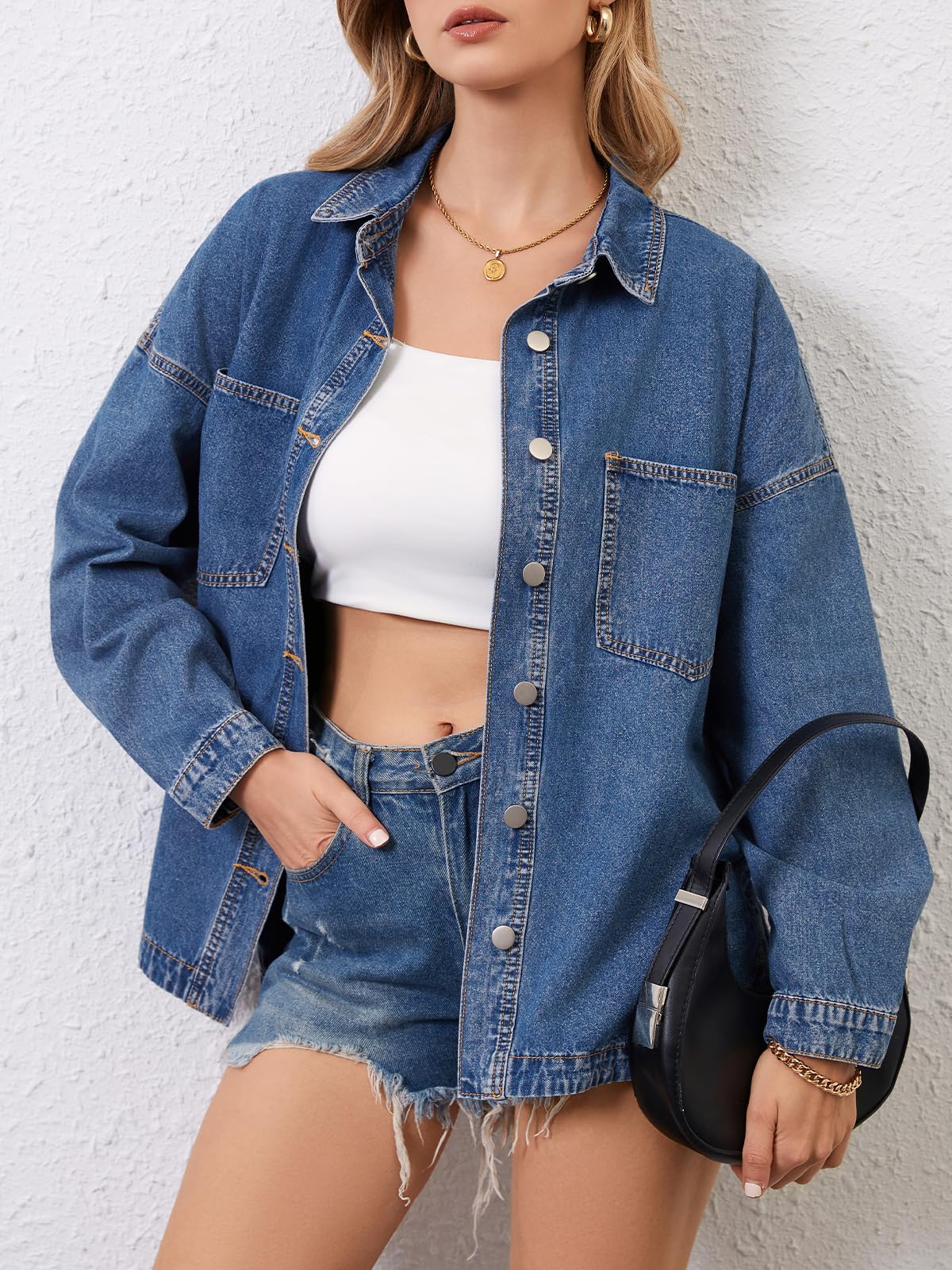LifeShe Women Denim Shirt Jean Jacket Oversize Button Down Shirt Long Sleeve Jean Tops Trendy Shackets