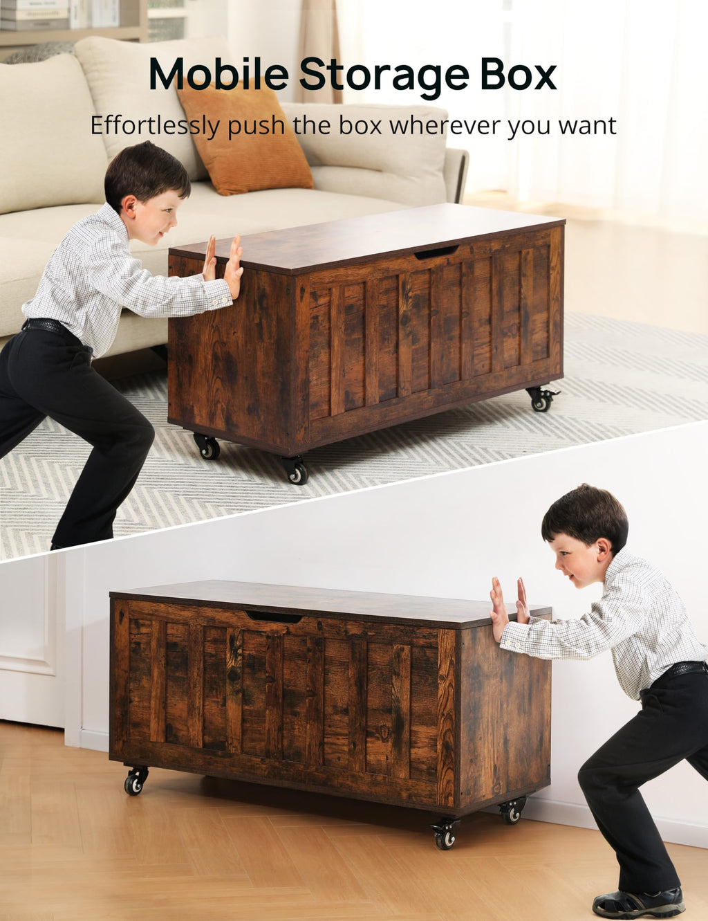 HYZ Storage Chest, 39.4'' Wooden Storage Bench with 4 Wheels & 2 Safety Hinges, Retro Toy Box Support 300 lbs for Bedroom, Living Room, Easy Assembly, Rustic Brown