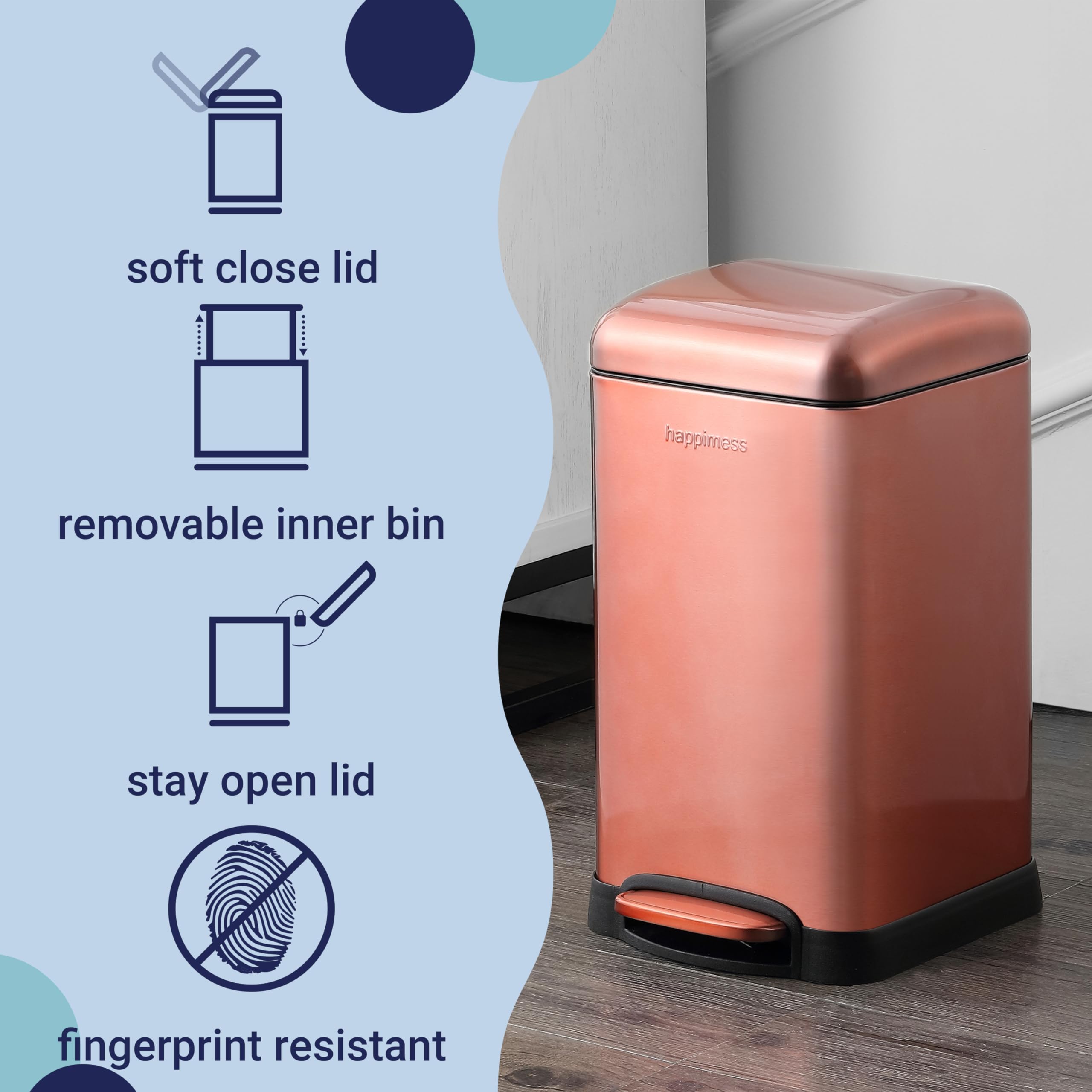happimess HPM1012B Betty Retro Mini 3.2-Gallon Step-Open Trash Can with Soft-Close Lid, Modern, Minimalistic, Fingerprint Proof for Home, Kitchen, Laundry Room, Office, Bedroom, Bathroom, Black