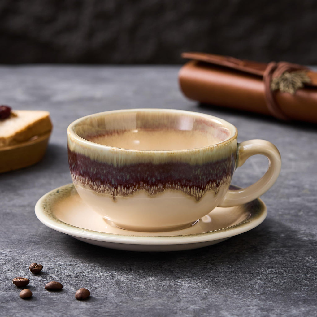 Coffeezone Vintage Design 12 oz Ceramic Latte Art Cappuccino Barista Cup with Saucer (Beige)