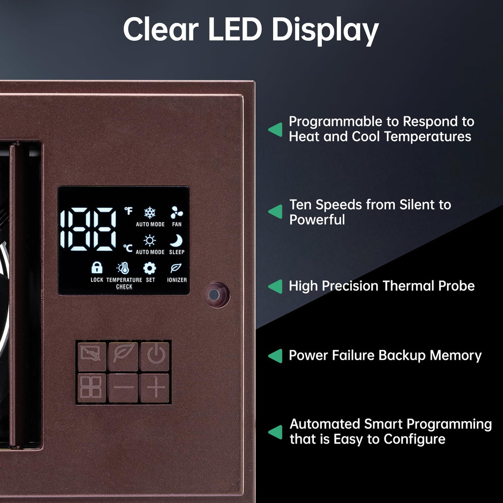 VallisCo Register Booster Fan 6" x 10" with Negative Ion, Manual Airflow Direction Control, Quiet 10-Speed Heating Cooling AC Vent Fan with Remote & Thermostat Control for Wall Floor, Bronze