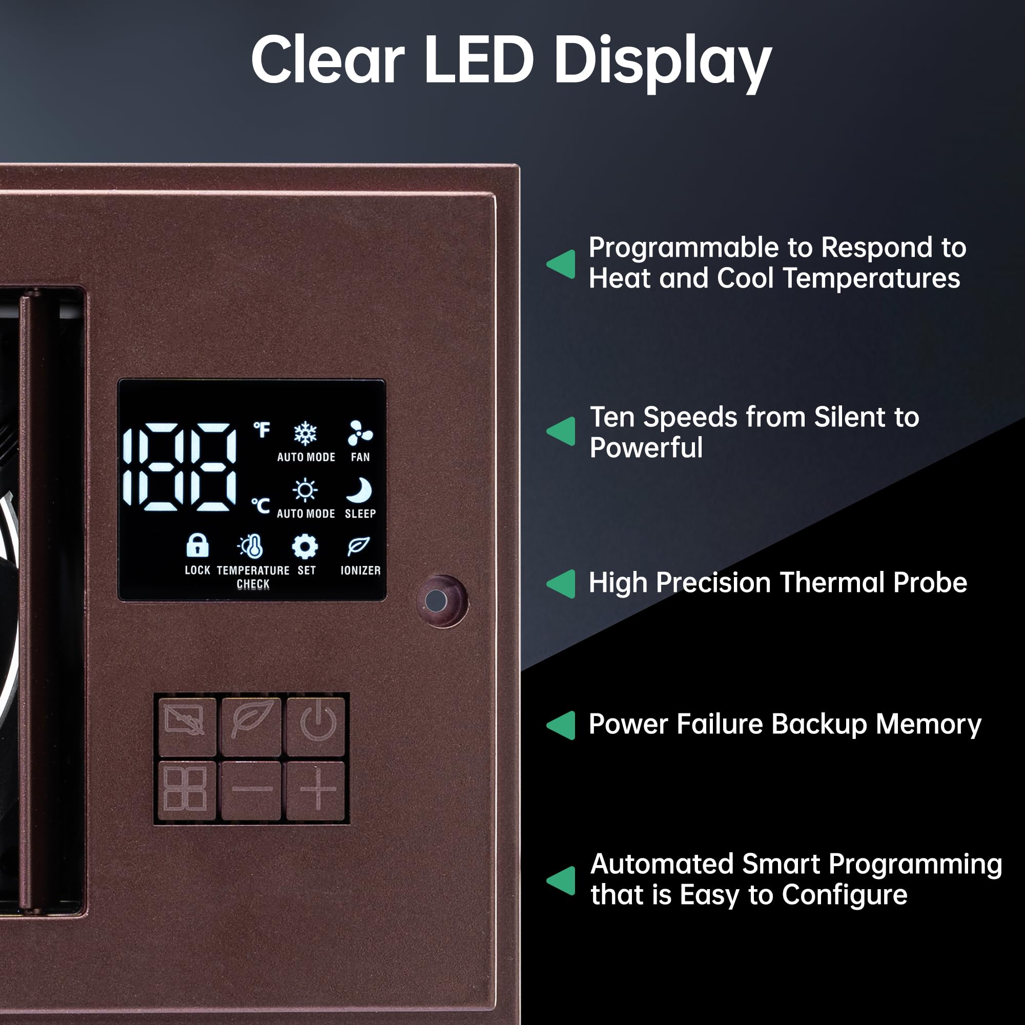 VallisCo Register Booster Fan 6" x 10" with Negative Ion, Manual Airflow Direction Control, Quiet 10-Speed Heating Cooling AC Vent Fan with Remote & Thermostat Control for Wall Floor, Bronze
