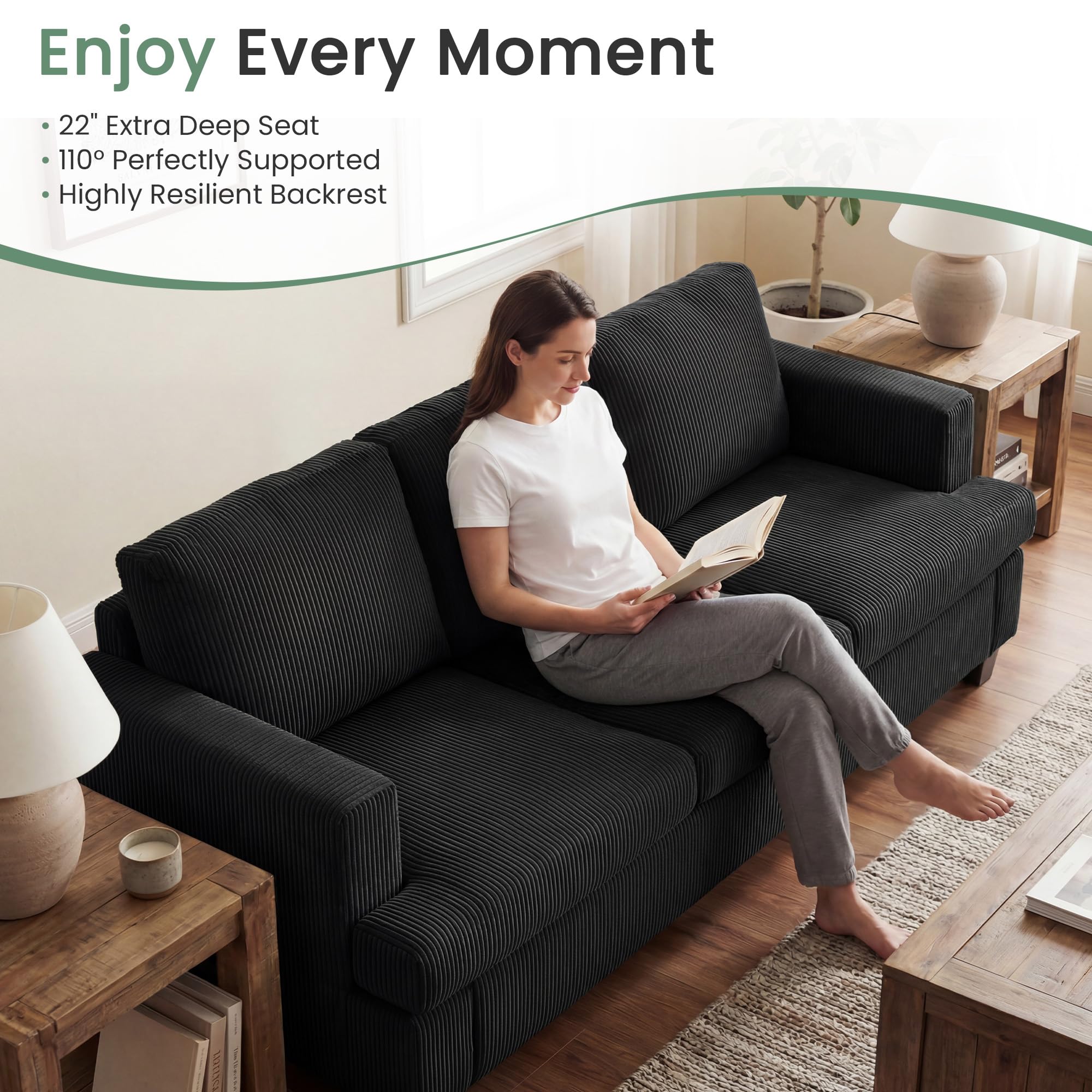YOUDENOVA 2 Piece Set Comfy Sofa Couch, Loveseat Sofa * 2 with Deep Seats, Modern Sleeper Couch for Living Room, Black Corduroy