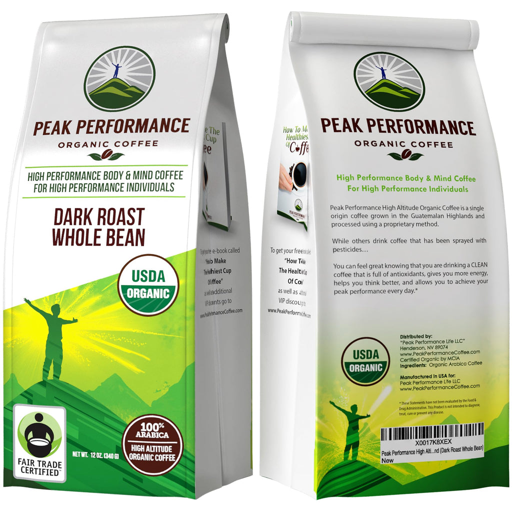 Peak Performance High Altitude Organic Coffee - Fair Trade, Low Acid, Non GMO, and Beans Full of Antioxidants - Medium Roast Smooth Tasting USDA Certified Organic Ground Coffee Bag 12 oz