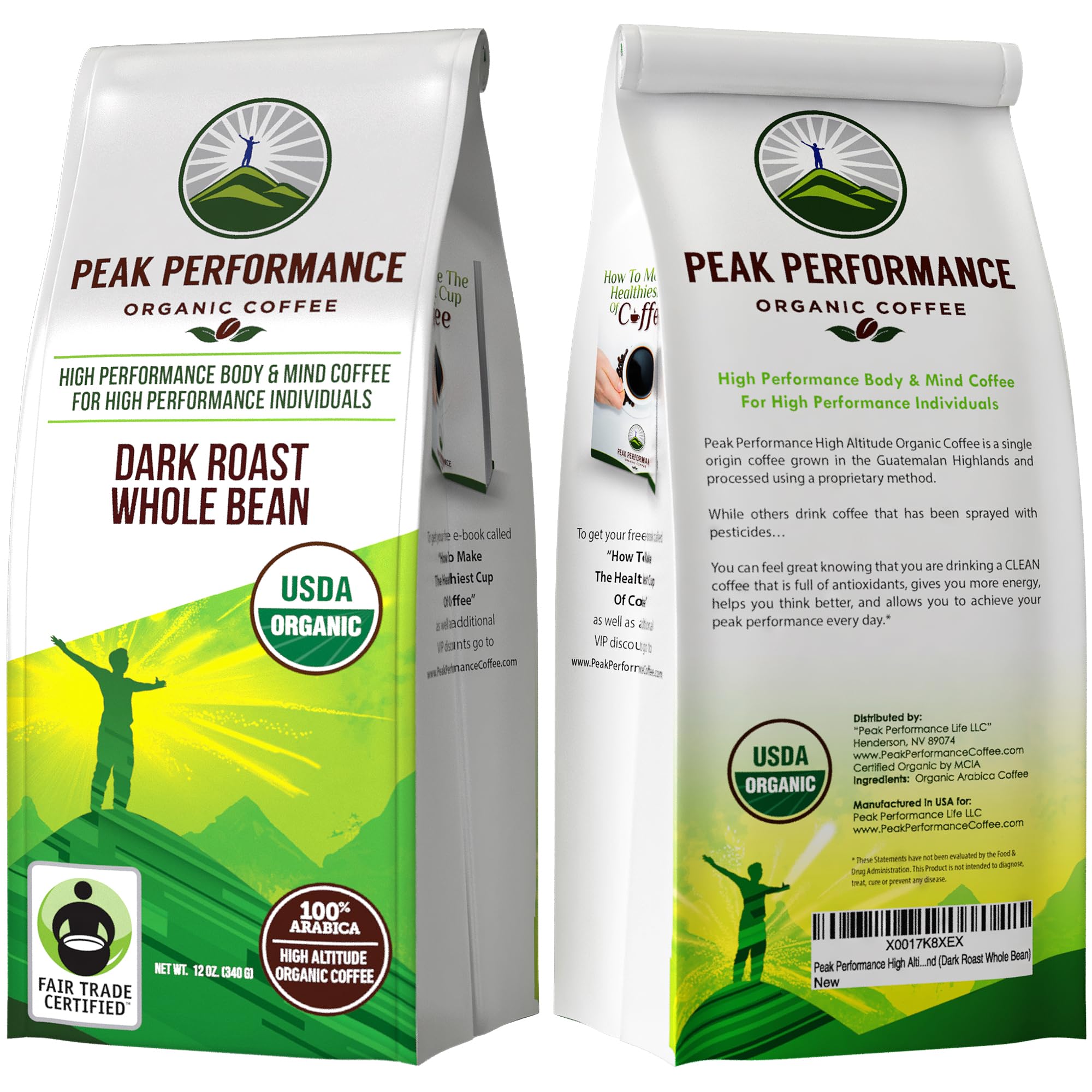 Peak Performance High Altitude Organic Coffee - Fair Trade, Low Acid, Non GMO, and Beans Full of Antioxidants - Medium Roast Smooth Tasting USDA Certified Organic Ground Coffee Bag 12 oz