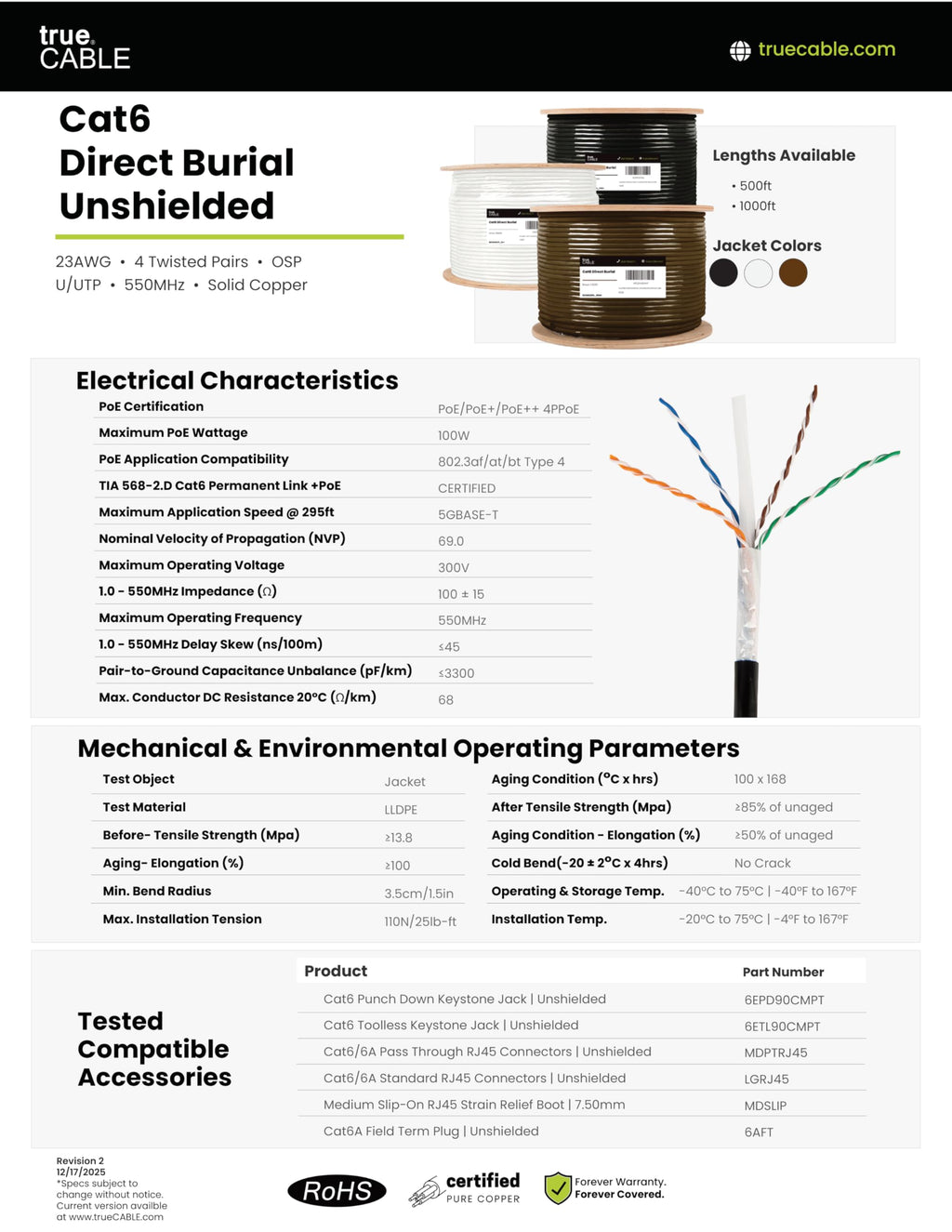 TRUE CABLE Cat6 Direct Burial Outdoor Bulk Ethernet Cable, Shielded F/UTP, 500ft, Brown, 23AWG Solid Bare Copper, Heavy Duty Outdoor, OSP Jacket, Waterproof, UV, 550MHz, PoE++ 100W (4PPoE)