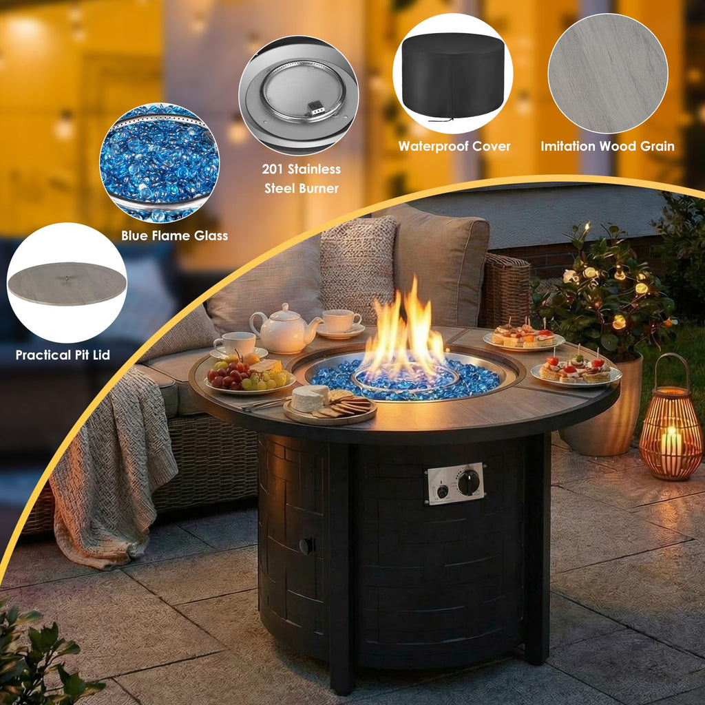 TLGREEN Propane Fire Pit Table 30 Inch Round – 50,000 BTU Outdoor Fire Pit with Lid, Converts to Patio Coffee Table, Certified, Includes Waterproof Cover & Blue Fire Glass(Grey)