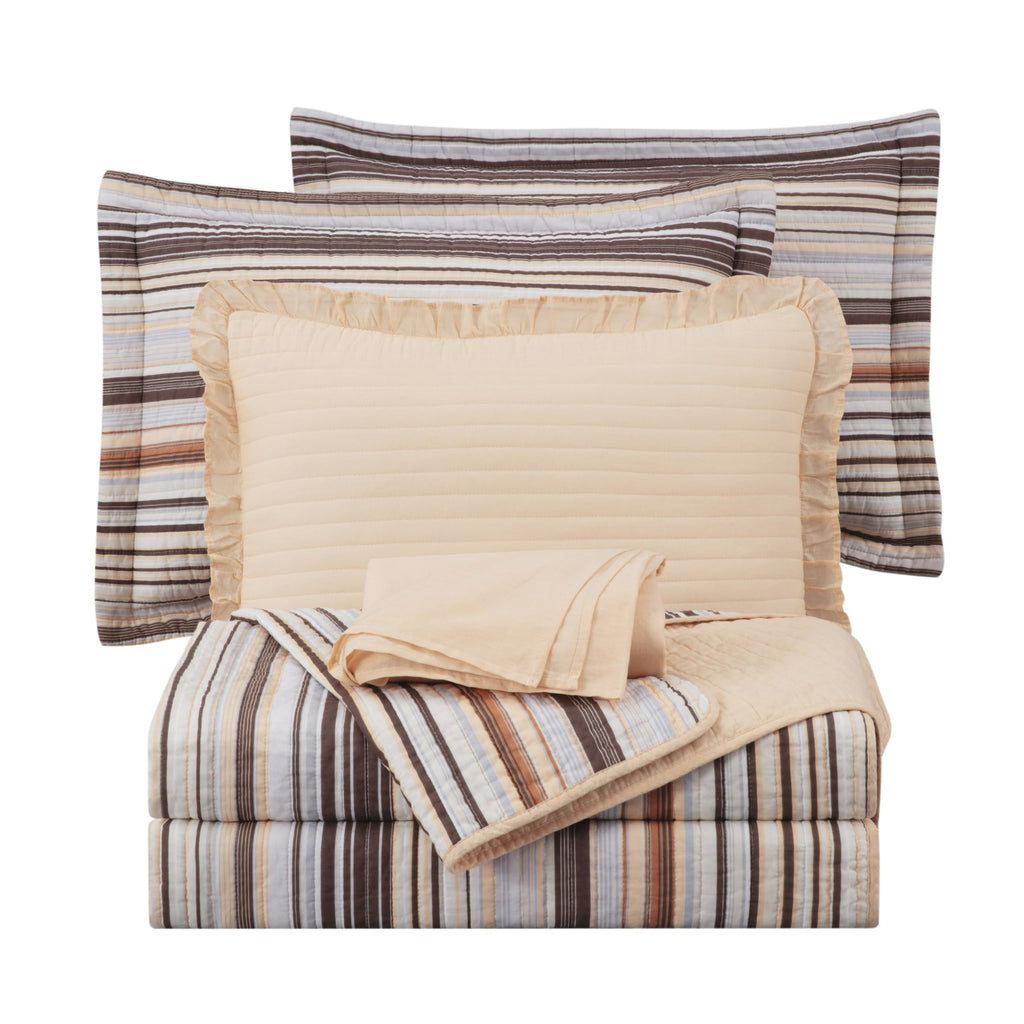 Chezmoi Collection Avery Striped Cotton Quilt Set Twin Size, 2-Piece Soft Pre-Washed 100% Cotton Quilt, Multi-Color Brown