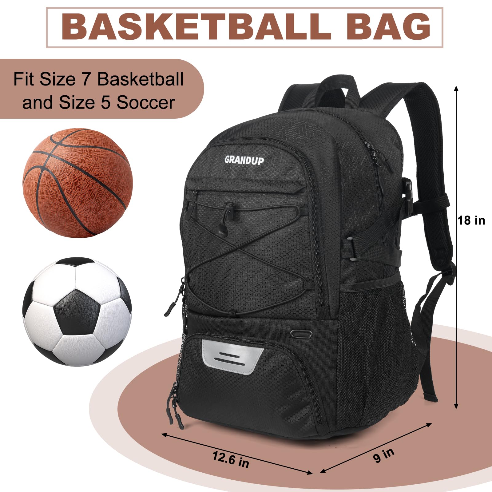 GRANDUP Basketball backpack with ball and shoes compartment Fit Volleyball, soccer, Swim, Gym, Travel, and School, large capacity sports training equipment bags