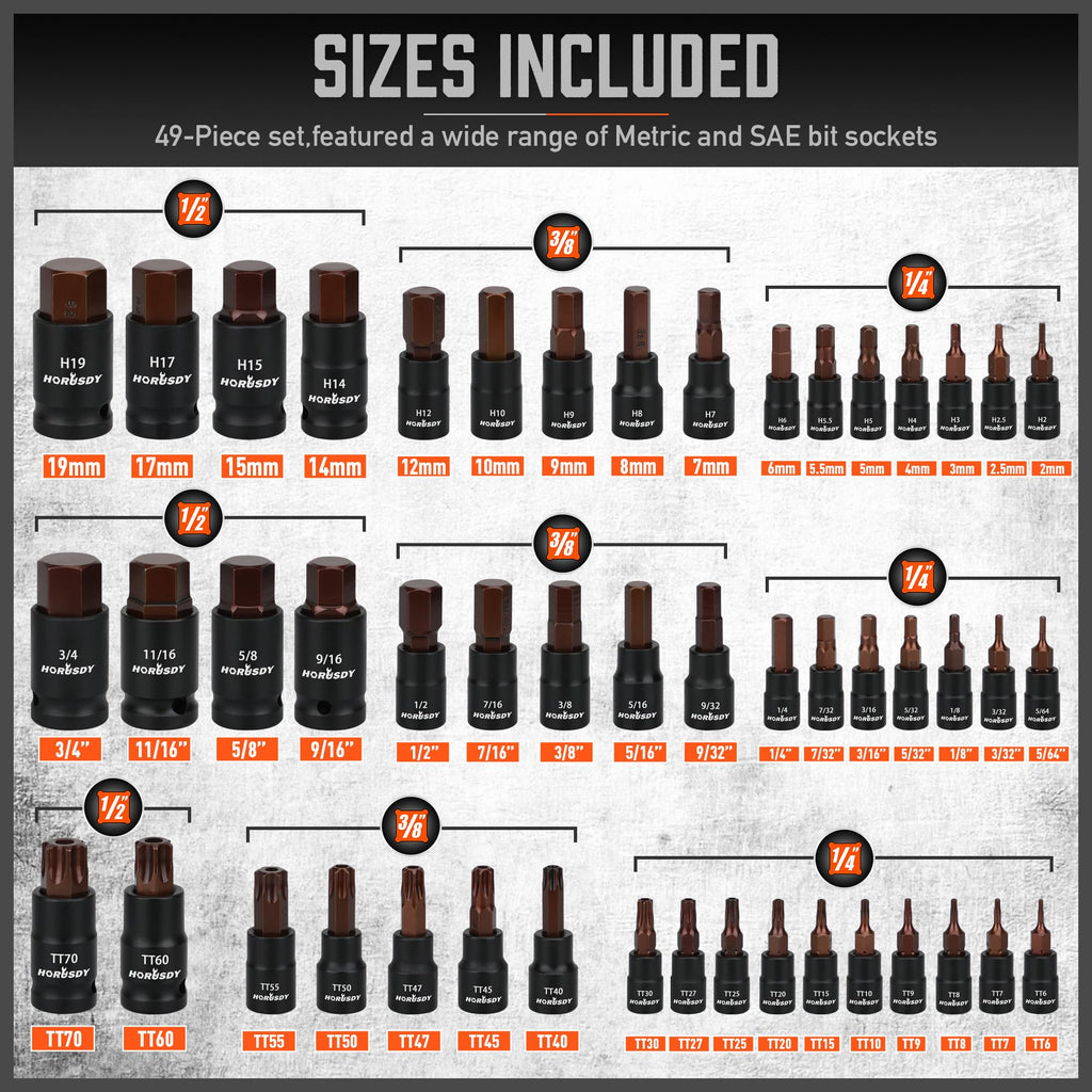 HORUSDY 1/2" Drive Shallow Impact Socket Set, 24-Piece SAE (7/16"-1") and Metric (13-24mm), 6 Point, Cr-V, Includes 1/2-Inch Drive Ratchet Handle, Drive Extension Bar