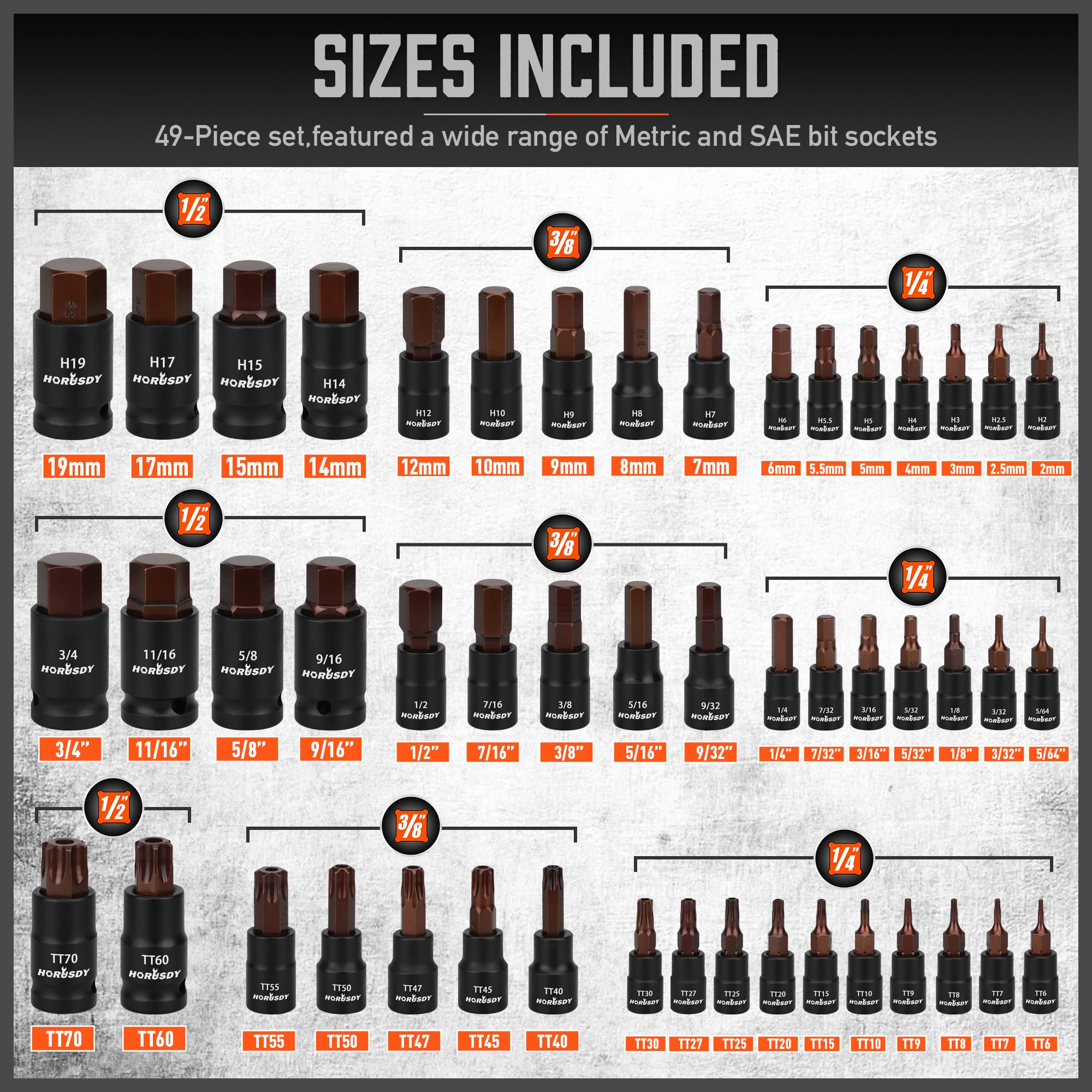 HORUSDY 1/2" Drive Shallow Impact Socket Set, 24-Piece SAE (7/16"-1") and Metric (13-24mm), 6 Point, Cr-V, Includes 1/2-Inch Drive Ratchet Handle, Drive Extension Bar
