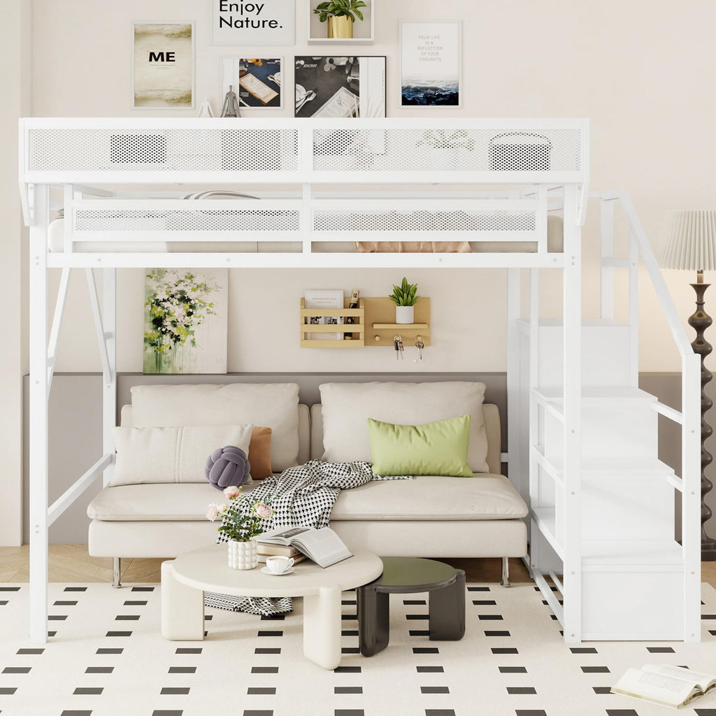 Mirightone Full Size Loft Bed with Stairs, Metal Loft Beds, High Loft Bed Frame with Storage Shelves, Lofted Full Bed with Wardrobe for Kids and Teens, No Box Spring Needed (Black)