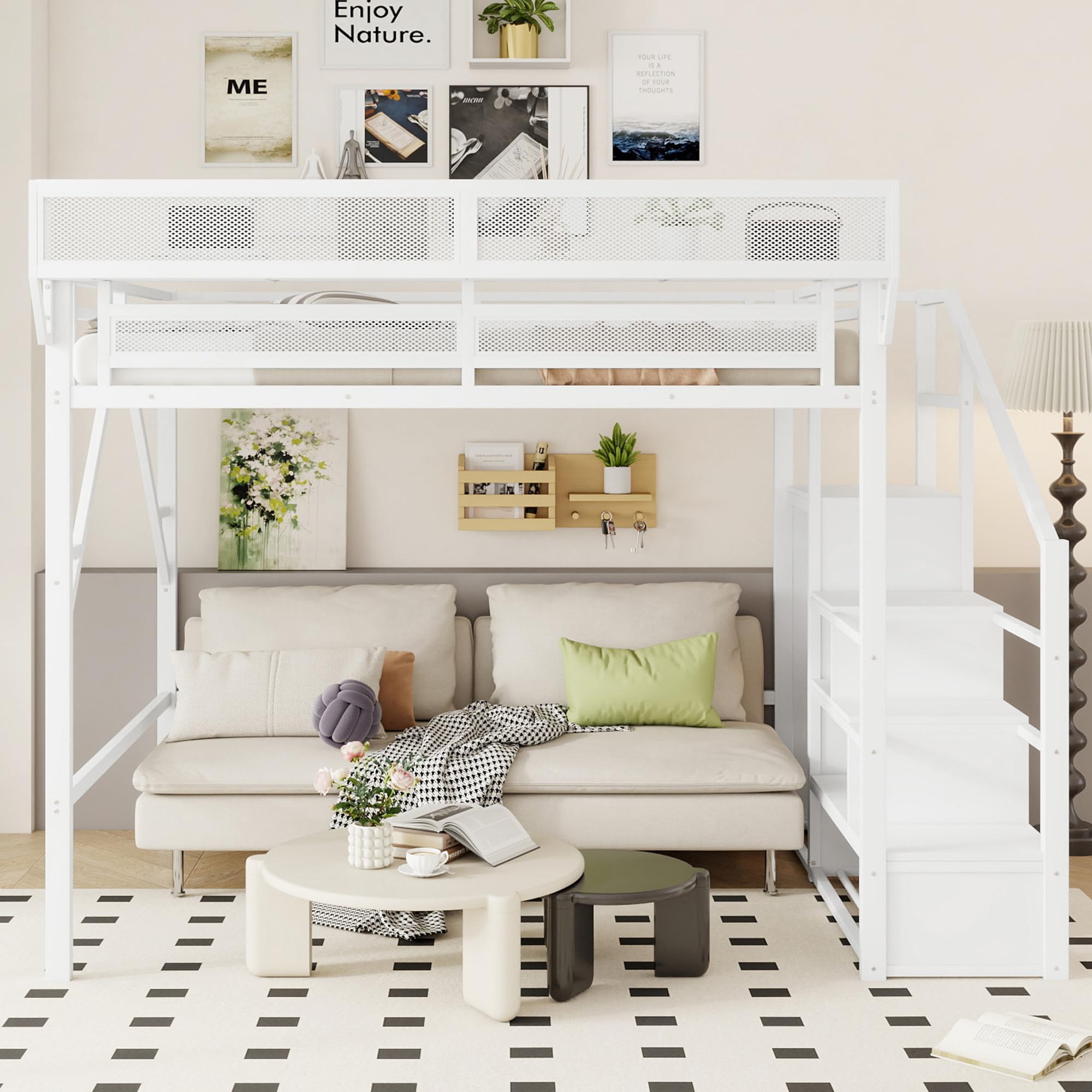Mirightone Full Size Loft Bed with Stairs, Metal Loft Beds, High Loft Bed Frame with Storage Shelves, Lofted Full Bed with Wardrobe for Kids and Teens, No Box Spring Needed (Black)