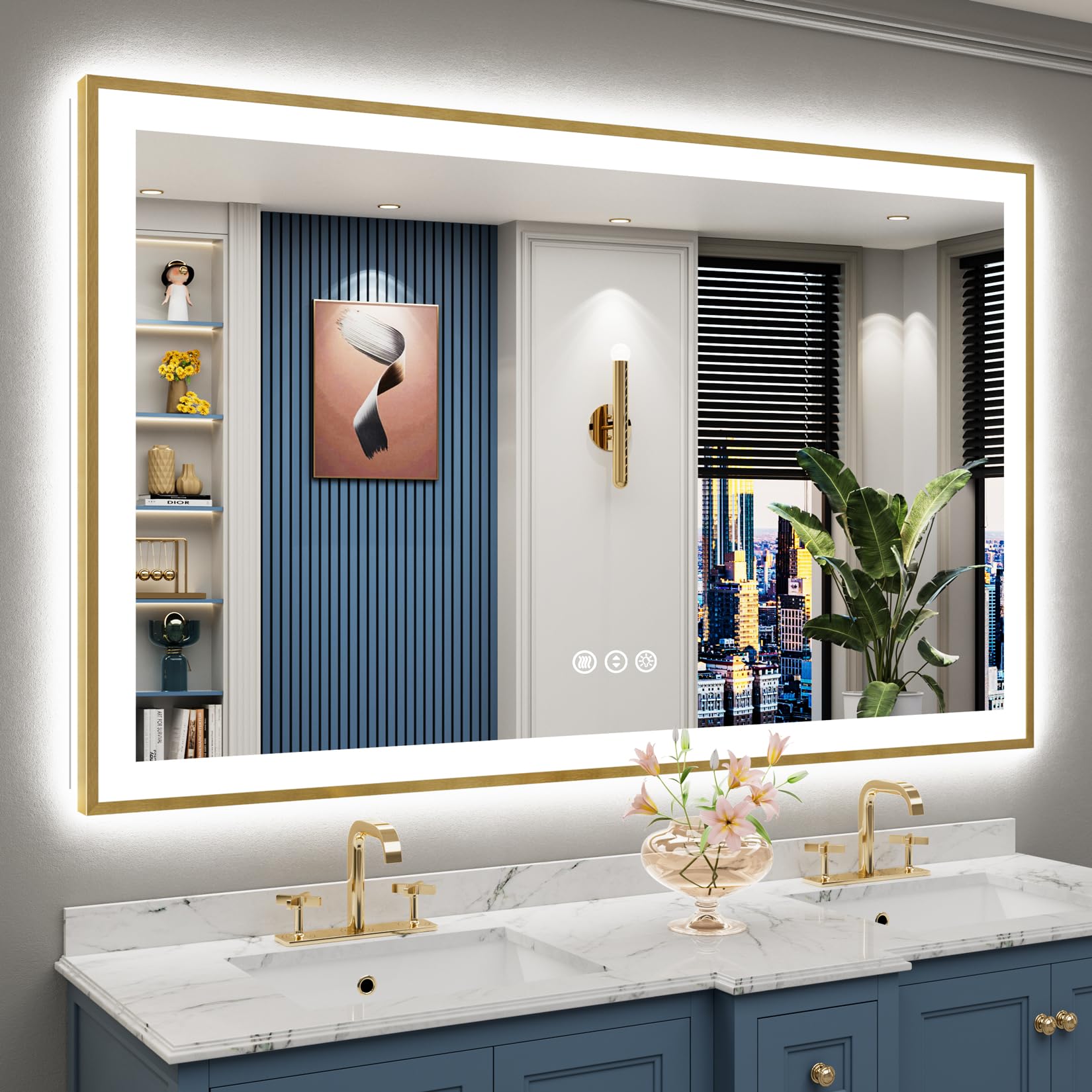 24x36 Gold Beveled LED Bathroom Mirror with Lights, Brushed Gold Framed Backlit and Front Lit Anti-Fog Lighted Vanity Mirrors for Bathroom Wall, Dimmable, 3 Colors, Memory, HD Tempered Glass