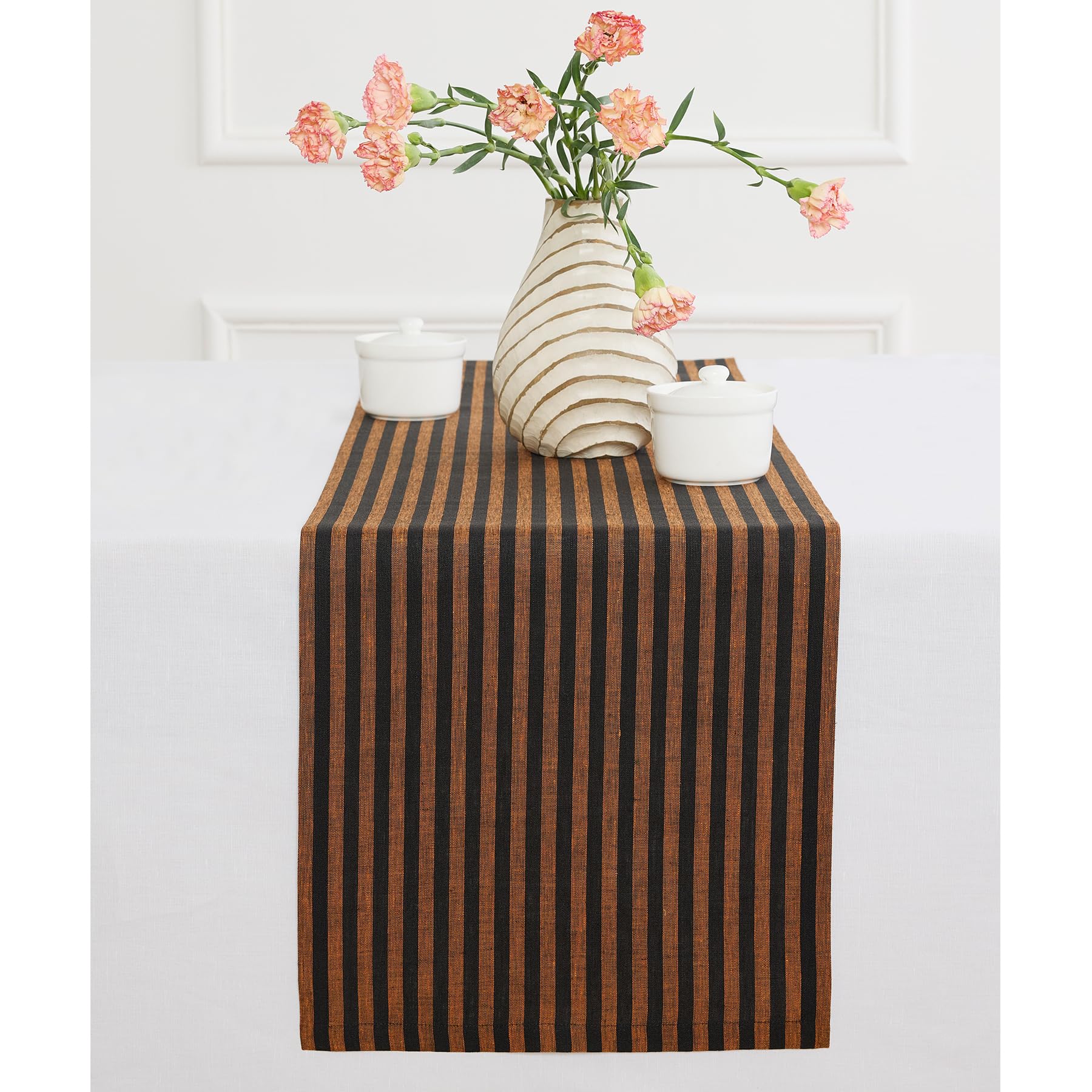 Solino Home Linen Table Runner 36 Inches - Amalfi Stripe 100% Pure Linen Natural and White Table Runner 14 x 36 Inch Ideal for Dresser and Coffee Tables - Summer