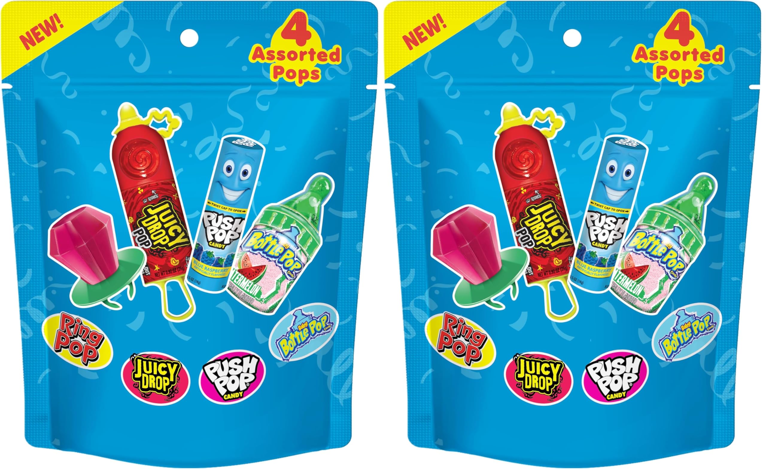 Assorted Candy Variety Pack 4 Count Lollipops - Ring Pop, Push Pop, Baby Bottle Pop & Juicy Drop - Ideal for Kids Party Favors, Party Favor Bags by Bazooka Brands